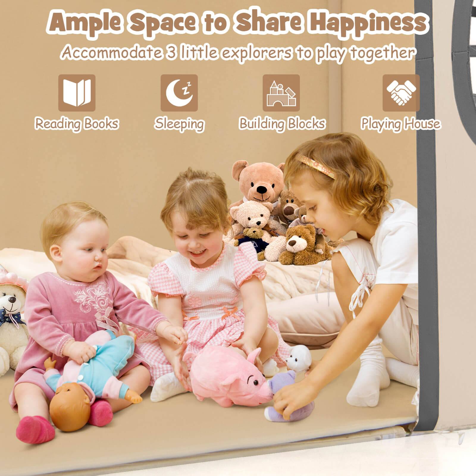 Ample Space to Share Happiness  
Accommodate 3 little explorers to play together  
- Reading Books  
- Sleeping  
- Building Blocks  
- Playing House