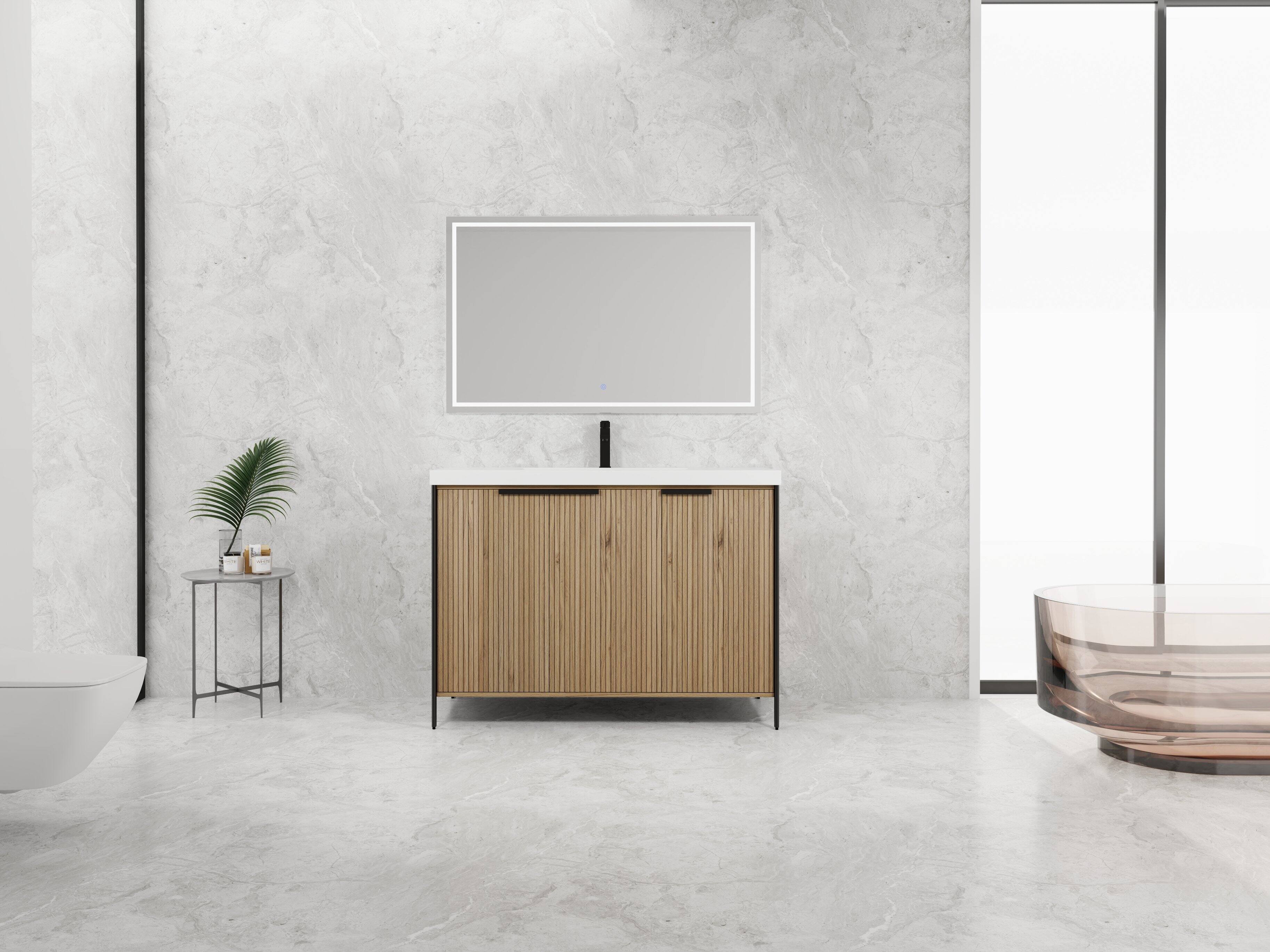 Angle. APRILSOUL - 48 inch Freestanding Bathroom Vanity Resin Sink 3 Soft Close Doors KD Packing - Light Coffee.