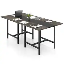 Costway - 2 PCS 39.5" Square Conference Table with Thickened Tabletop & Heavy-duty Metal Frame - Gray + Black