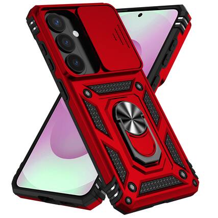 Front. Dteck - Dteck Rotatable Ring Kickstand Case for Samsung Galaxy S26, Heavy-Duty Rugged Slide Camera Back Cover - Red.