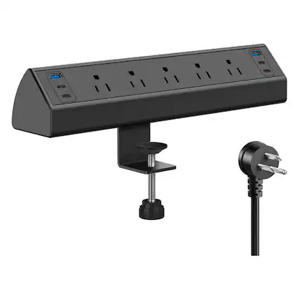 Front. Dazzed Corner - Desk Clamp Power Strip USB C,Desk Edge Mount Surge Protector - Black.