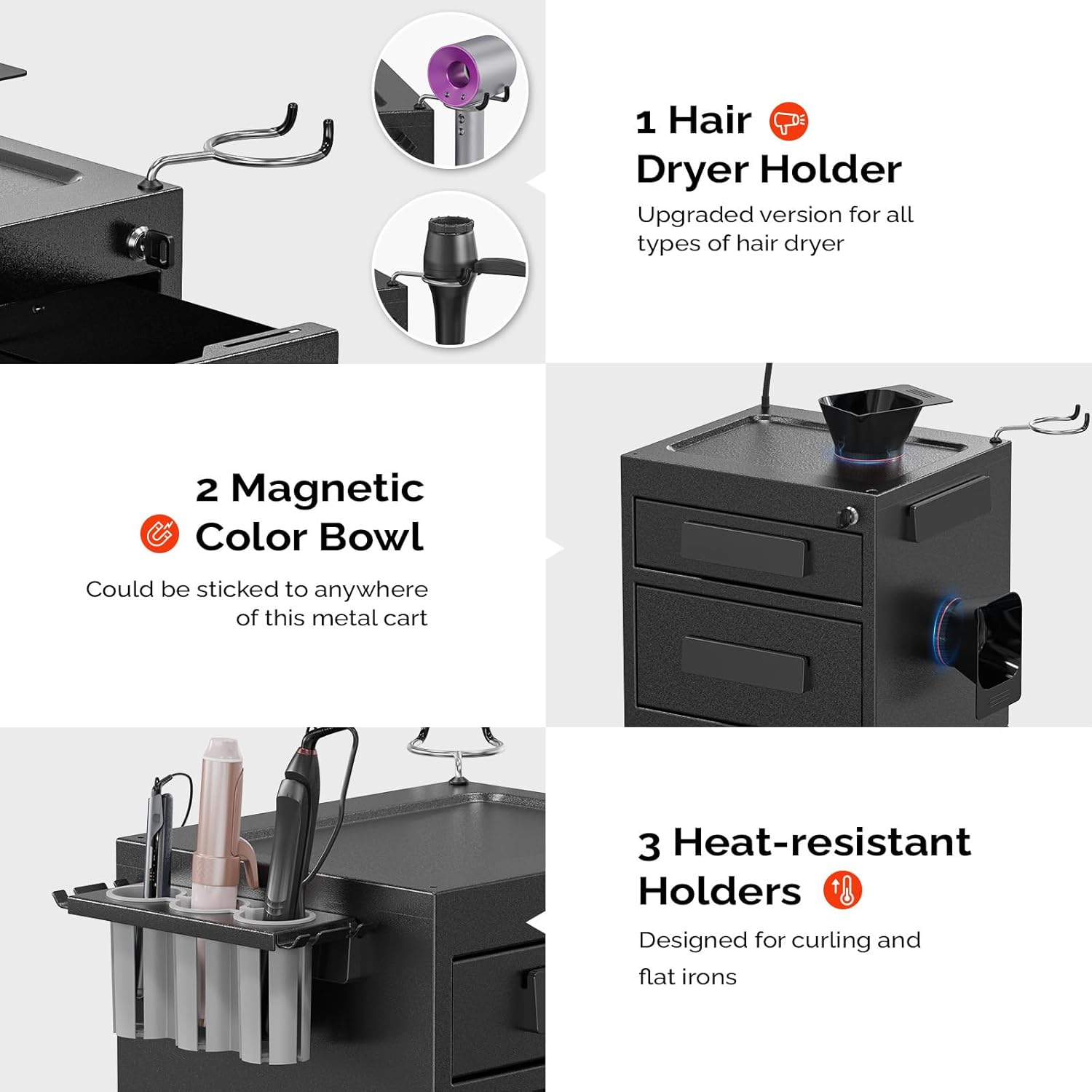1. Hair Dryer Holder  
   Upgraded version for all types of hair dryer

2. Magnetic Color Bowl  
   Could be stuck to anywhere of this metal cart

3. Heat-resistant Holders  
   Designed for curling and flat irons