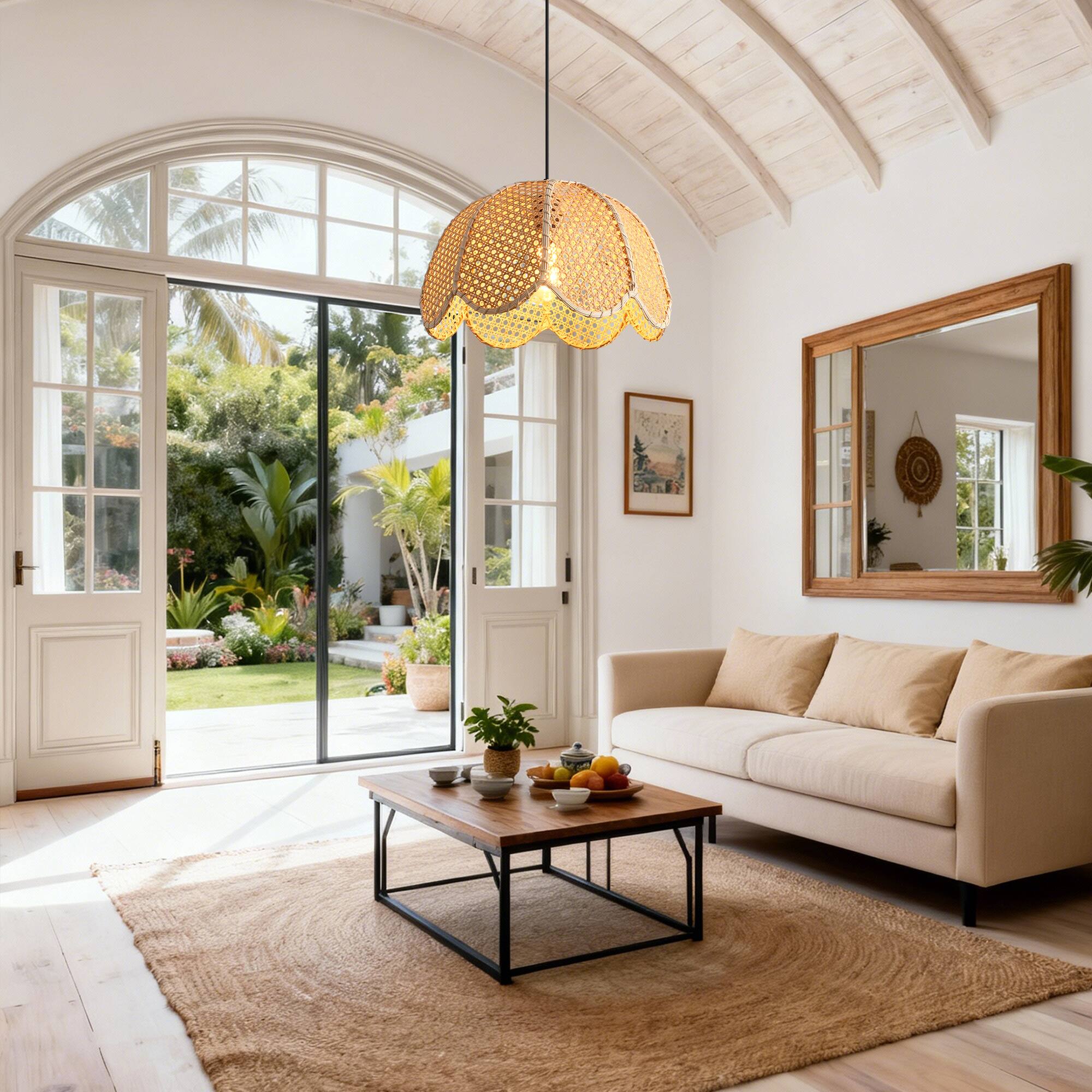 Left. Parrot Uncle - 1-Light Farmhouse Flower Shaped Brown Hand-Woven Natural Rattan Hanging Pendant Light.