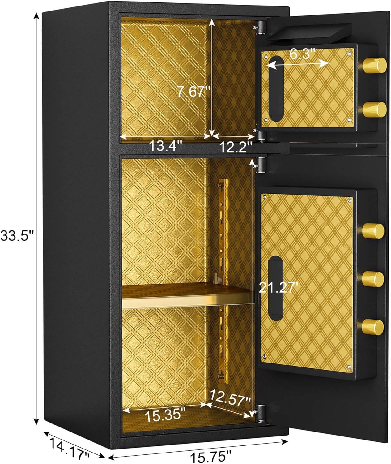 - Height: 33.5"
- Width: 14.17"
- Depth: 15.75"
- Shelf 1: 15.35" (width) x 12.57" (depth)
- Shelf 2: 21.27" (width) x 12.2" (depth)
- Shelf 3: 13.4" (width) x 7.67" (depth)
- Door: 6.3" (width) x 7" (height)