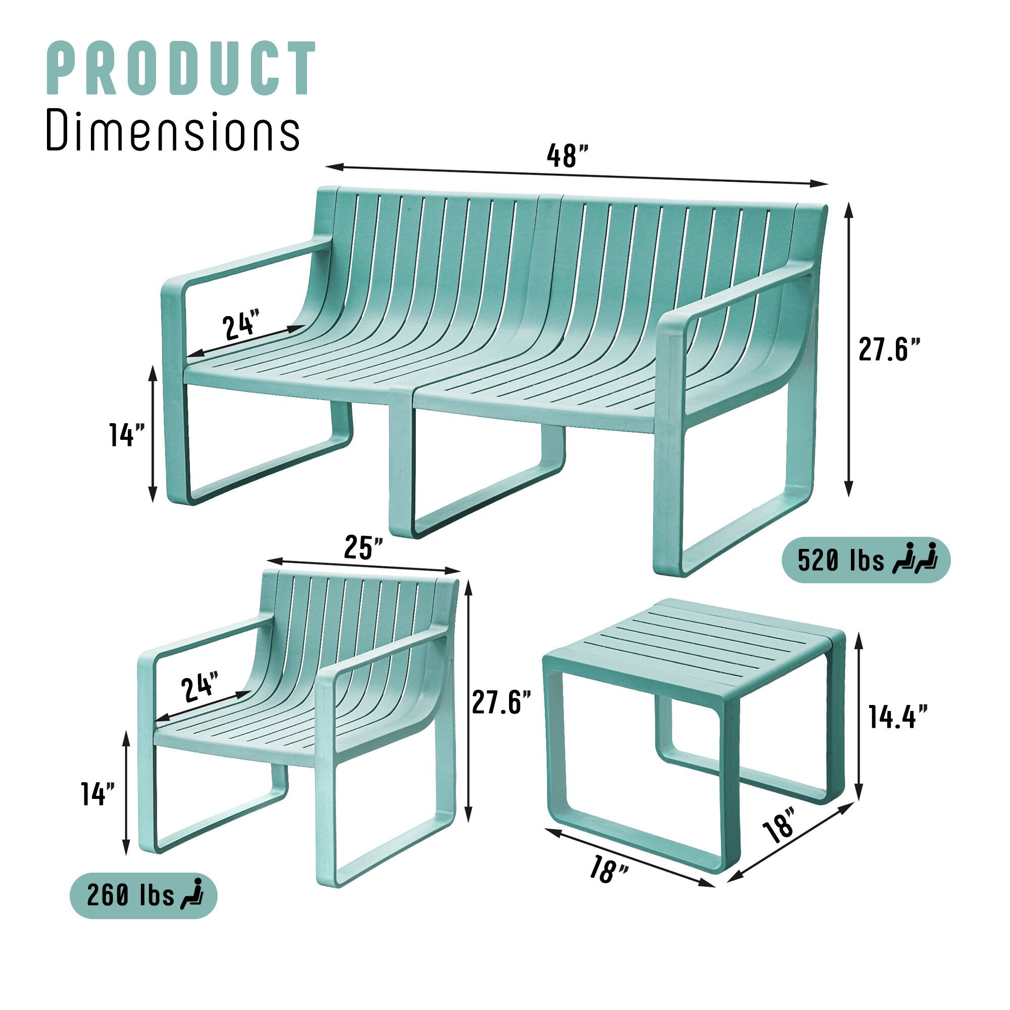 PRODUCT Dimensions

- 48" x 24" x 27.6" x 14" x 25" - 520 lbs
- 24" x 27.6" x 14.4" x 14" - 260 lbs
- 18" x 18"