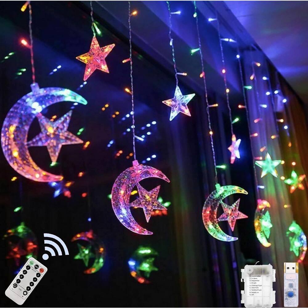 Front. MOSZAR LLC - Star Moon LED Curtain Lights, USB/Battery Window Hanging Decor.