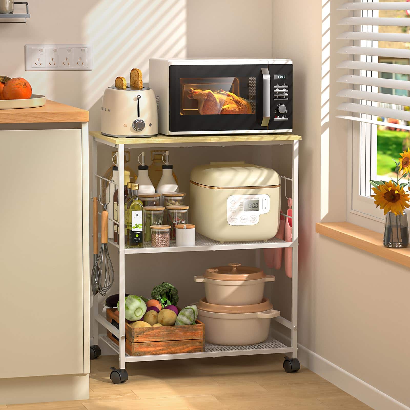 JETRANSPORT - Rolling Kitchen Microwave Cart 3 Tier Table Stand With Storage Utility On Lockable Wheels Small Coffee - White Standard