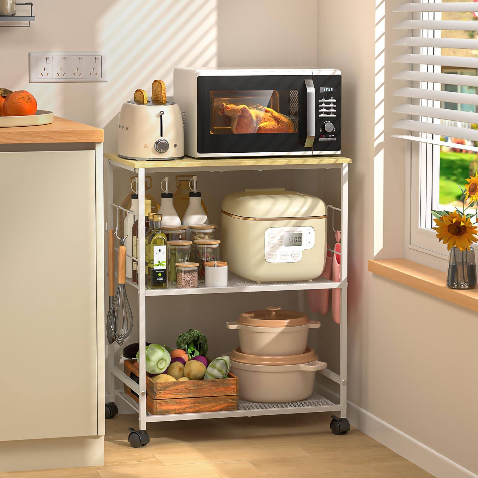 JETRANSPORT - Rolling Kitchen Microwave Cart 3 Tier Table Stand With Storage Utility On Lockable Wheels Small Coffee - White Standard