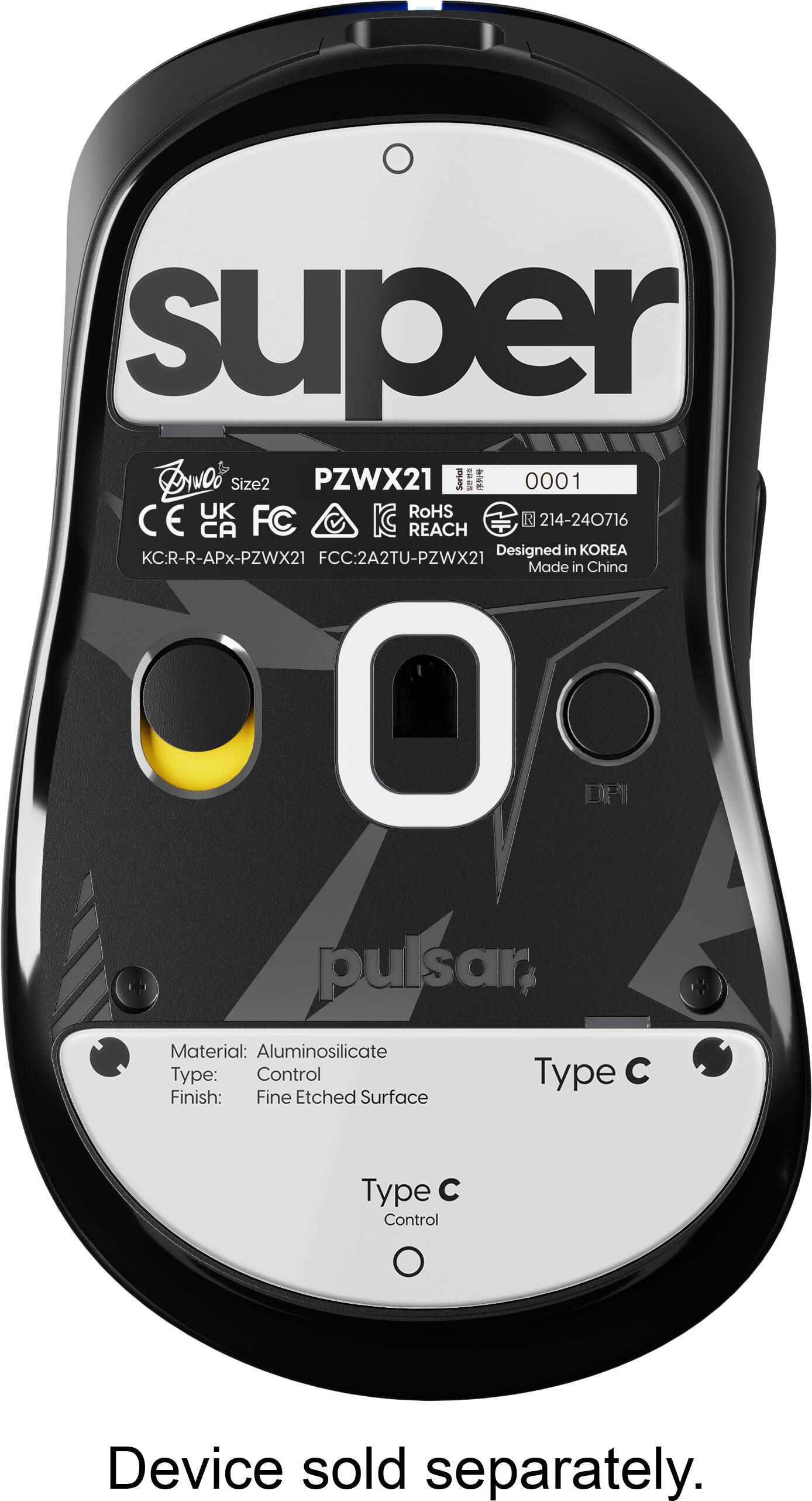 super Size2 PZWX21 Serial 0001 UK RoHS CE FC IC R 214-240716 CA REACH Designed in KOREA KC:R-R-APx-PZWX21 FCC:2A2TU-PZWX21 Made in China DPI pulsar, Material: Aluminosilicate Type: Control Finish: Fine Etched Surface Type  Control O Device sold separately.
