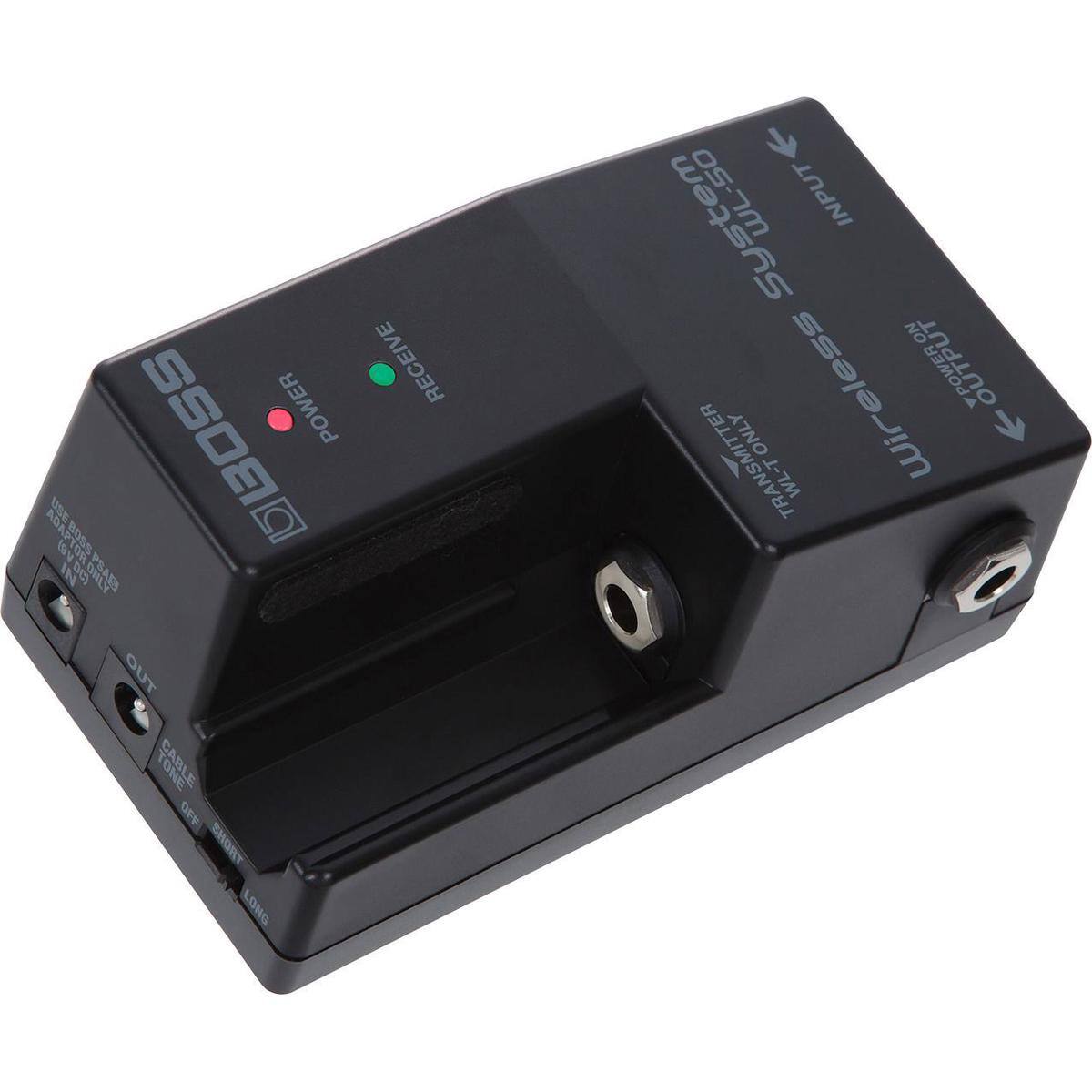 RECEIVE BOSS POWER ADA 3n USE BOSS I9V BOSS ROT | V IN DO PRAEN OUT CABLE OFF SHORT LONG System INPUT NO Wireless OUTPUT ONLY TRANSMITTER WL-T