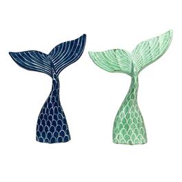 Things2Die4 - Set of 2 Wood Mermaid Tail Sculptures 13.75" Turquoise & Navy Blue Decor - Green/Blue