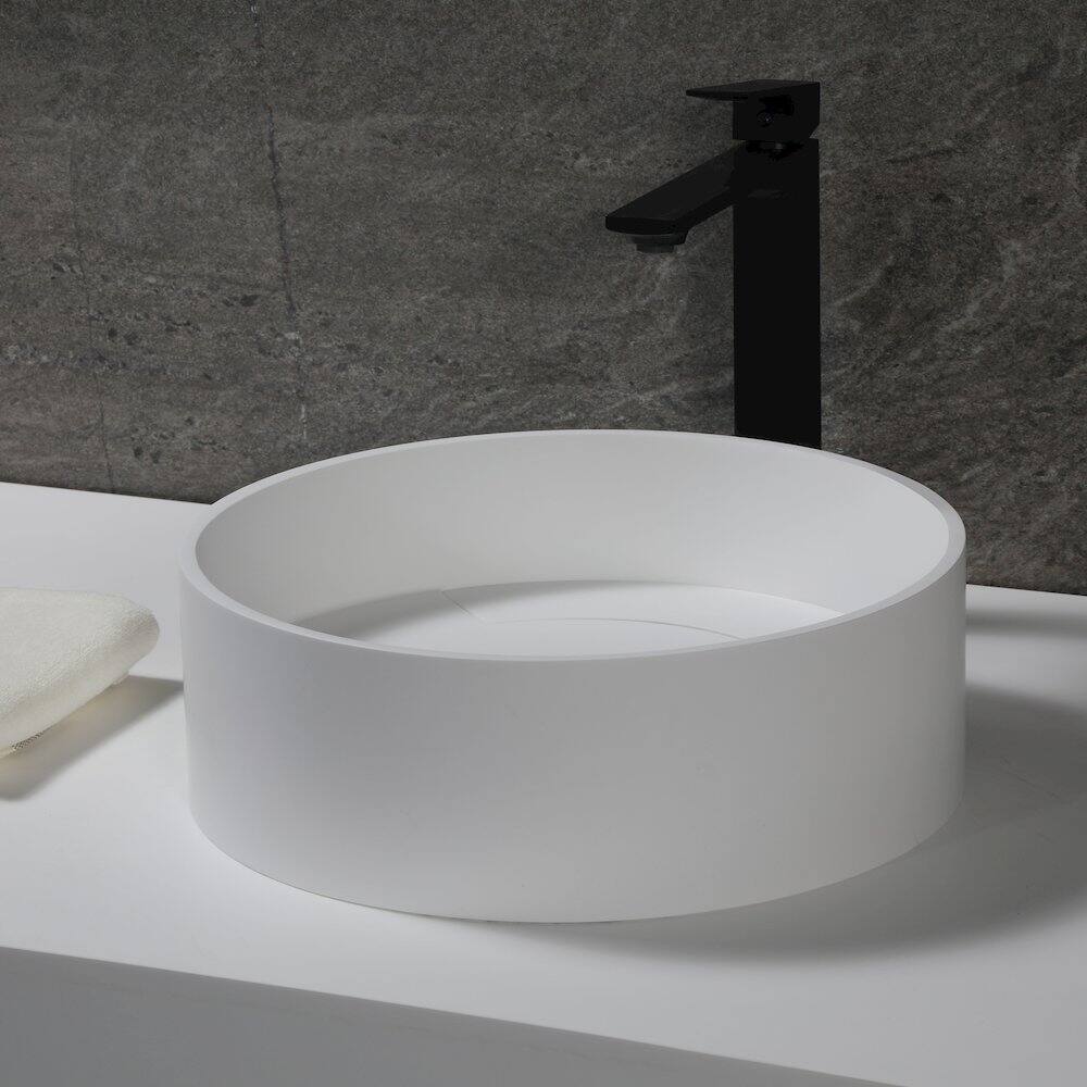 Angle. Alfi - 15" Round White Matte Solid Surface Resin Sink - White.