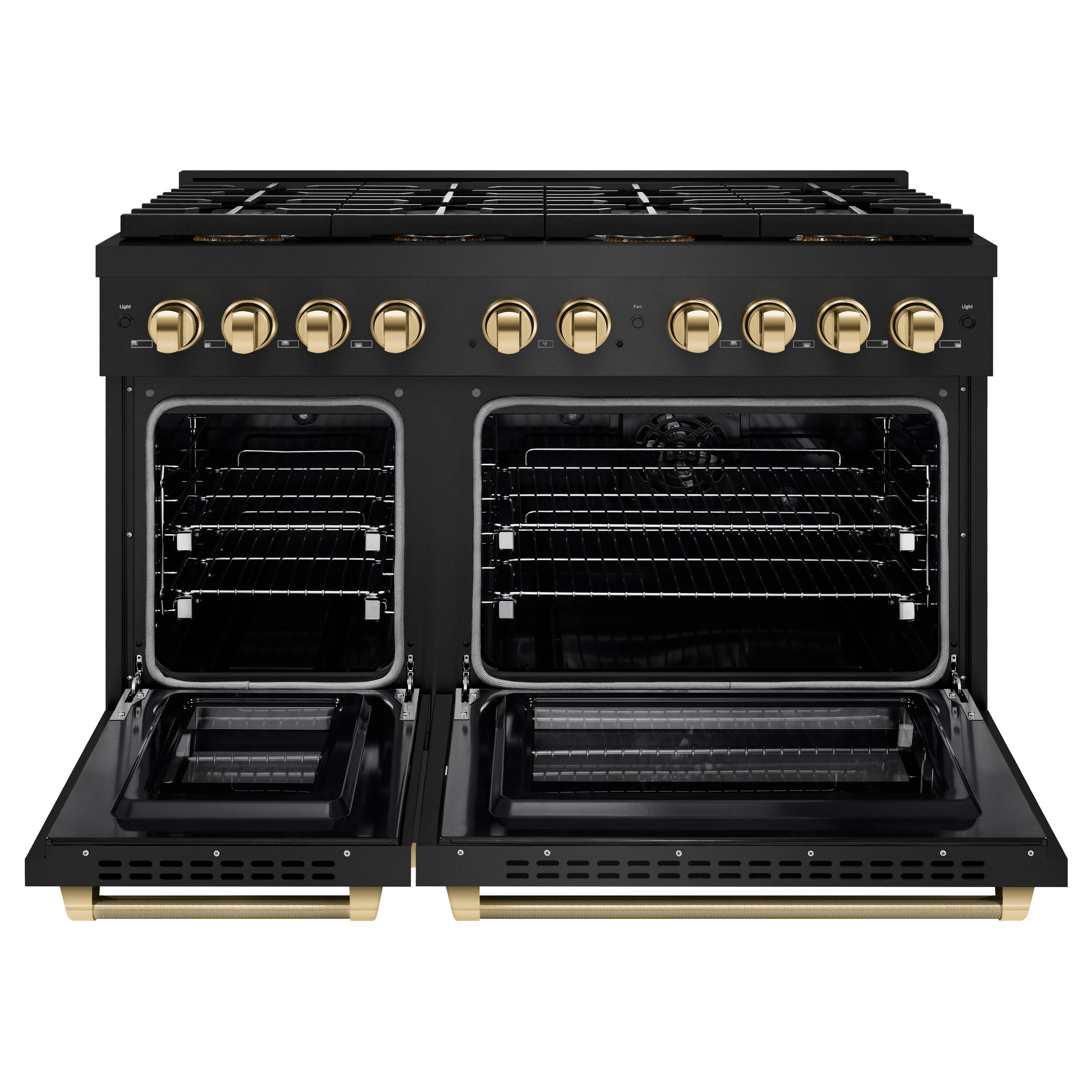 Angle. ZLINE - Autograph 48 in. 6.7 cu. ft. Freestanding Paramount DuoPro Dual Fuel Range in Black Steel with Polished Gold Handles - Black Stainless Steel.