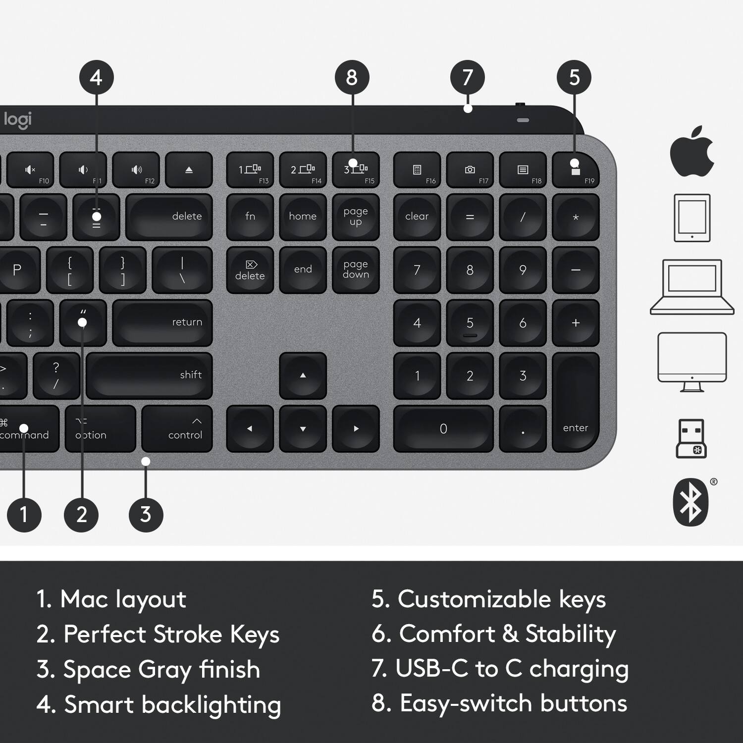 1. Mac layout
2. Perfect Stroke Keys
3. Space Gray finish
4. Smart backlighting
5. Customizable keys
6. Comfort & Stability
7. USB-C to C charging
8. Easy-switch buttons