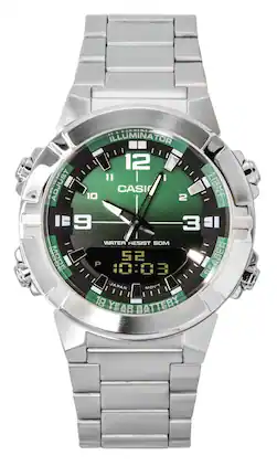 Casio - Analog Digital Combination Stainless Steel Green Dial Quartz AMW-870DA-3AV Men's Watch - Silver, Green