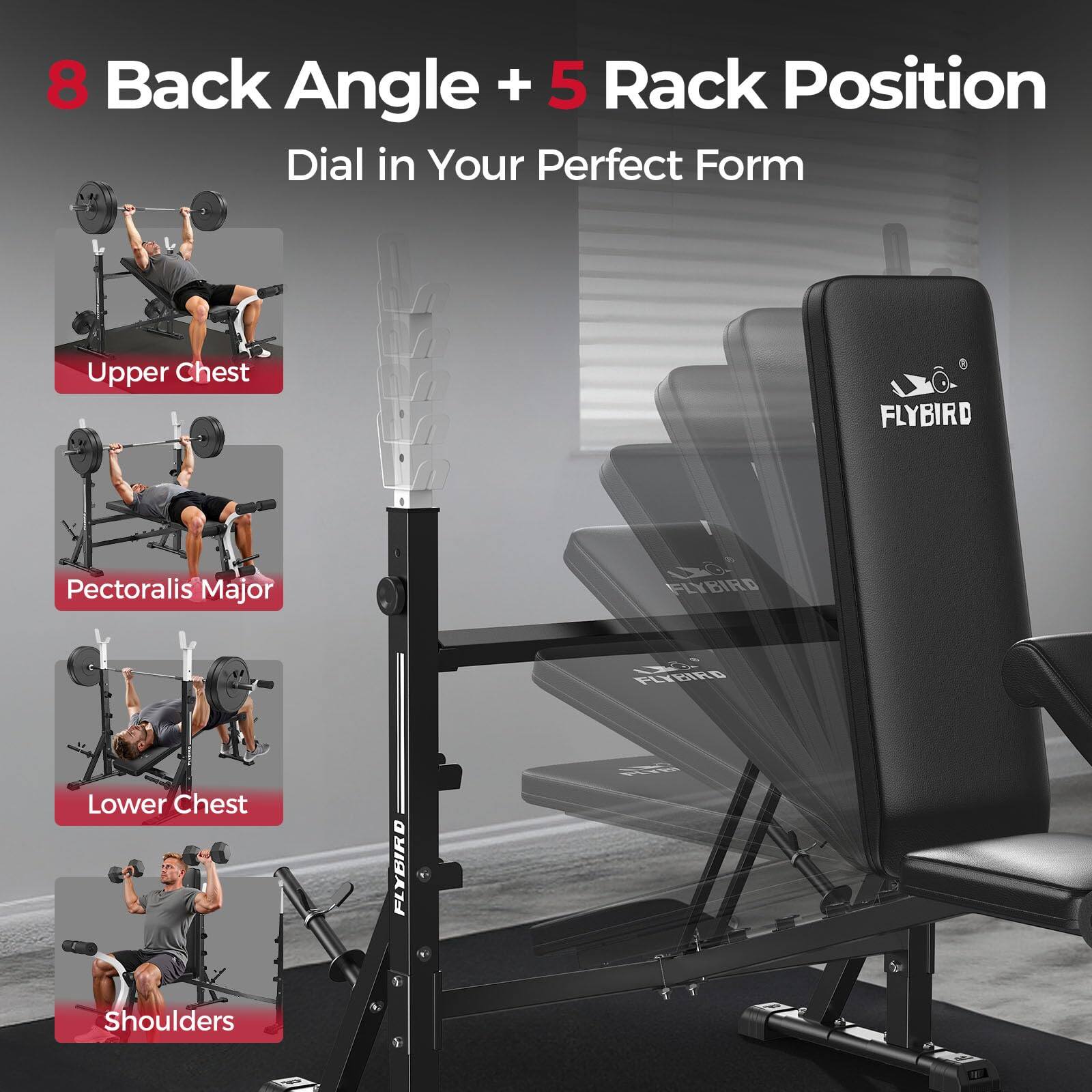 8 Back Angle + 5 Rack Position  
Dial in Your Perfect Form  

Upper Chest  
Pectoralis Major  
Lower Chest  
Shoulders