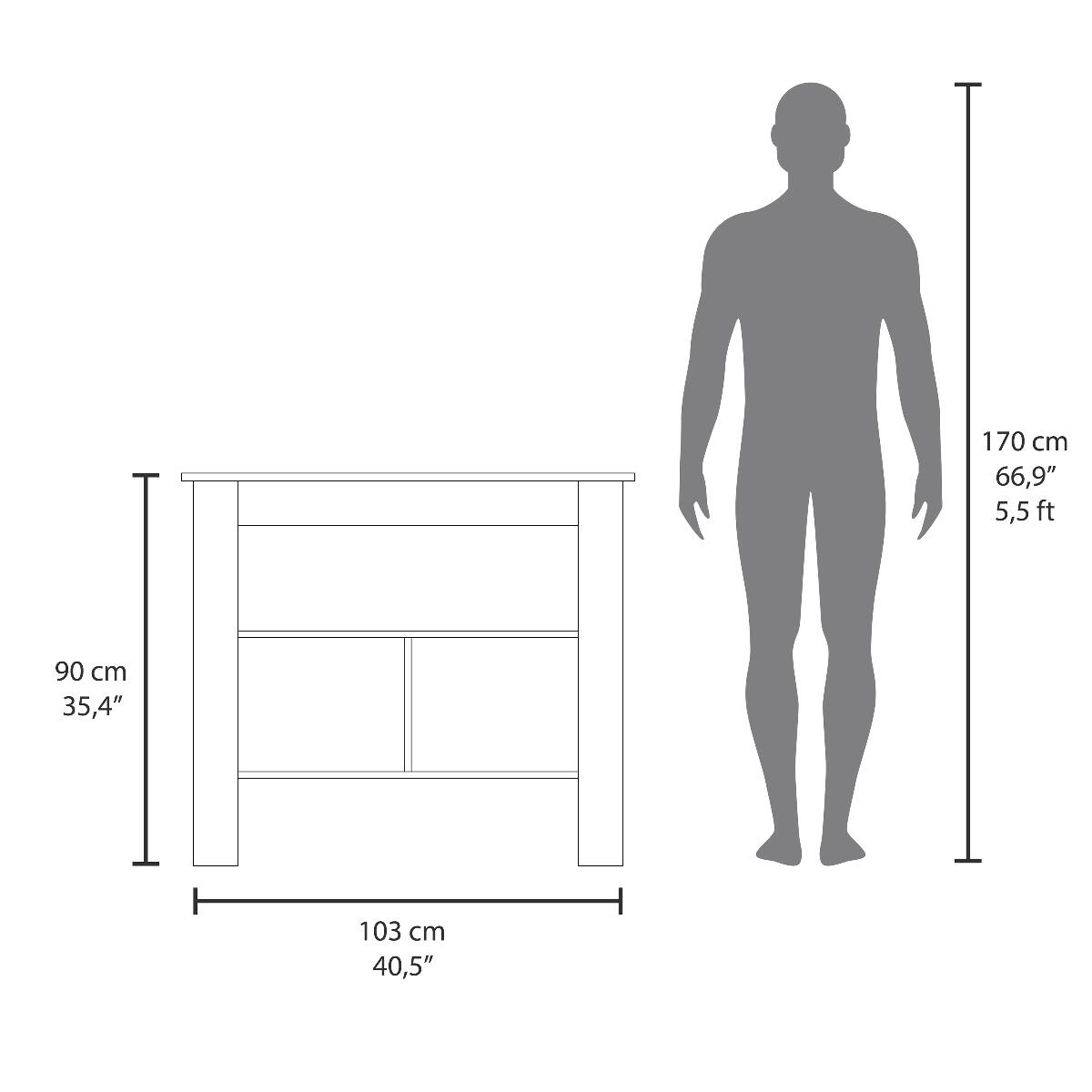 170 cm 66,9" 5,5ft  
90 cm 35,4"  
103 cm 40,5"