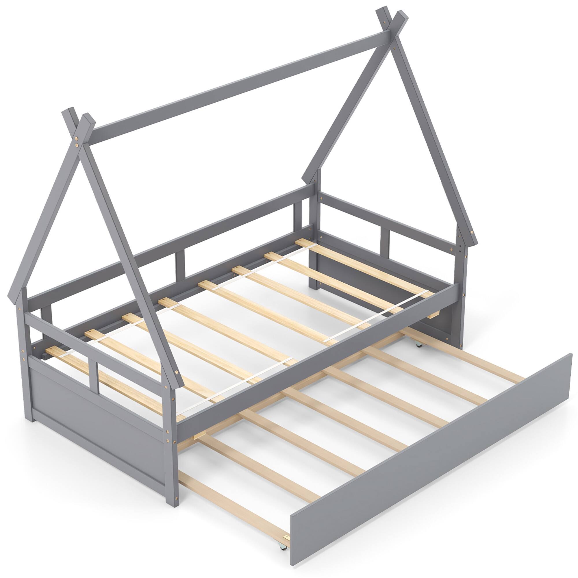 Alt View 1. Gymax - Gymax Twin Size House Bed w/ Trundle Roof & Safety Guardrail Wood Slat Support Gray - Gray.