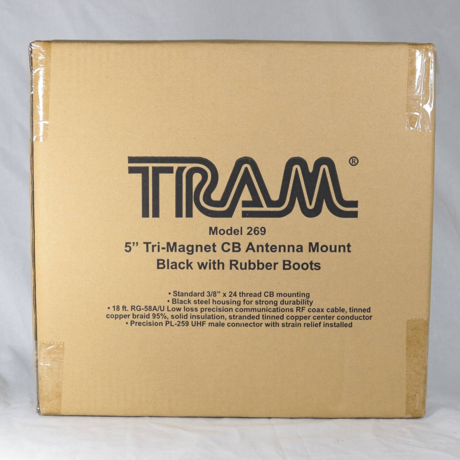 TRAM Model 269 5" Tri-Magnet CB Antenna Mount Black with Rubber Boots  
- Standard 3/8" x 24 thread CB mounting  
- Black steel housing for strong durability  
- 18 ft. RG-58A/U Low loss precision communications RF coax cable, tinned copper braid 95%, solid insulation, stranded tinned copper center conductor  
- Precision PL-259 UHF male connector with strain relief installed