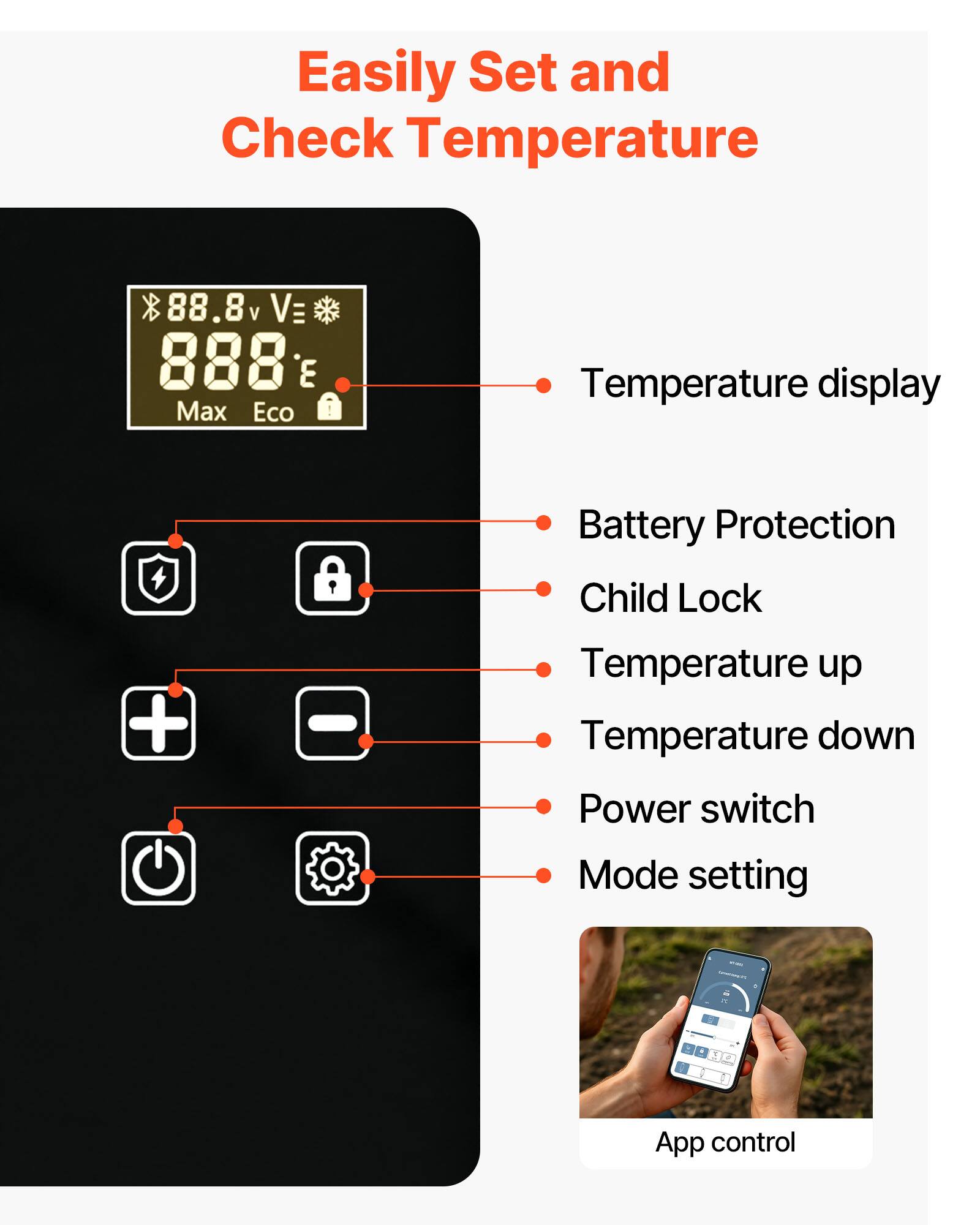 Easily Set and Check Temperature

- Temperature display
- Battery Protection
- Child Lock
- Temperature up
- Temperature down
- Power switch
- Mode setting
- App control