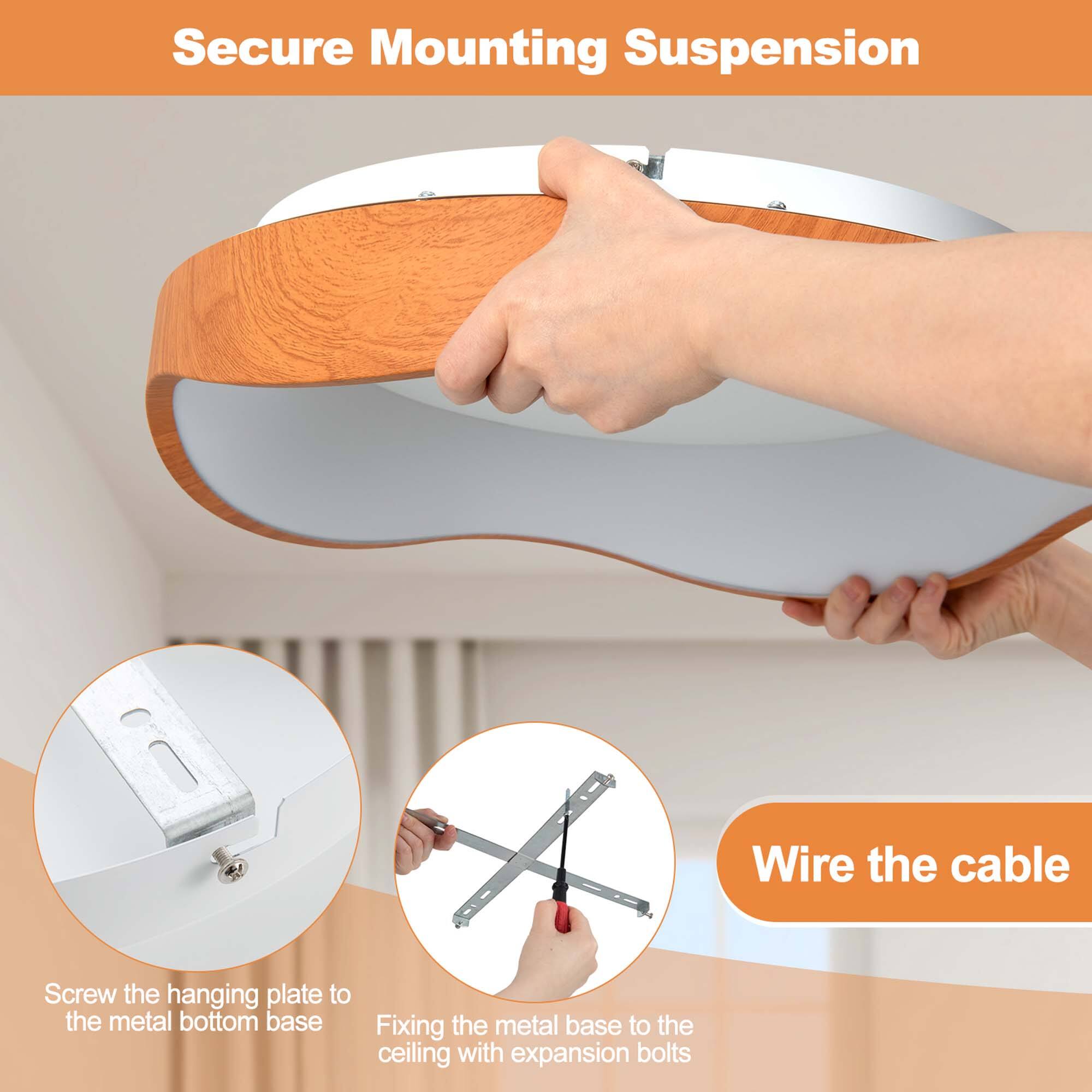 Secure Mounting Suspension

- Wire the cable
- Screw the hanging plate to the metal bottom base
- Fixing the metal base to the ceiling with expansion bolts