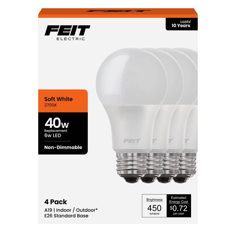 FEIT ELECTRIC - A19 E26 (Medium) LED Bulb Soft White 40 Watt Equivalence 4 pk