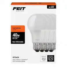 FEIT ELECTRIC
Soft White
2700K
40w Replacement
6w LED
Non-Dimmable
4 Pack
A19 | Indoor / Outdoor*
E26 Standard Base
Brightness
450 lumens
Estimated Energy Cost
$0.72 per year
Lasts* 10 Years