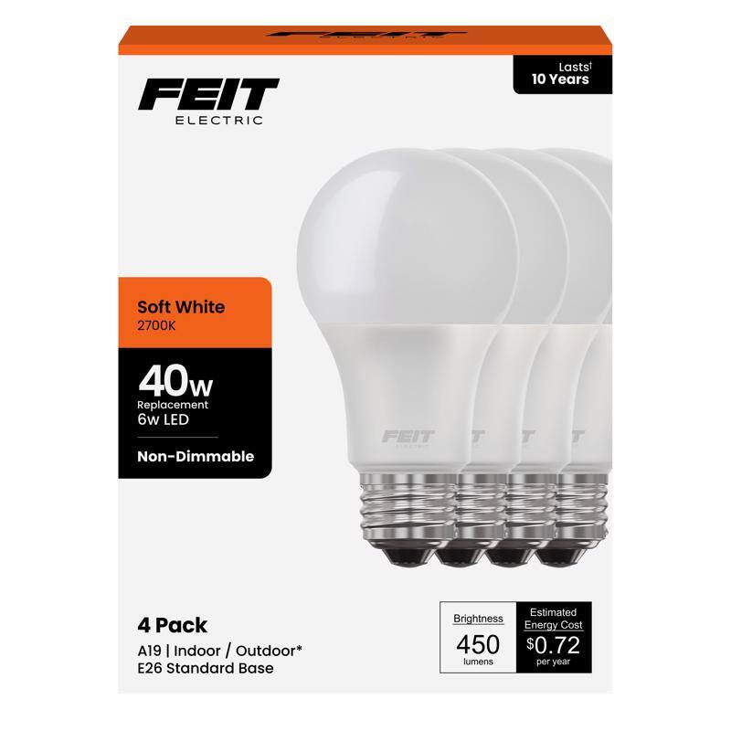 FEIT ELECTRIC

Soft White  
2700K

40w Replacement  
6w LED  
Non-Dimmable

4 Pack  
A19 | Indoor / Outdoor*  
E26 Standard Base

Brightness  
450 lumens

Estimated Energy Cost  
$0.72 per year

Lasts* 10 Years