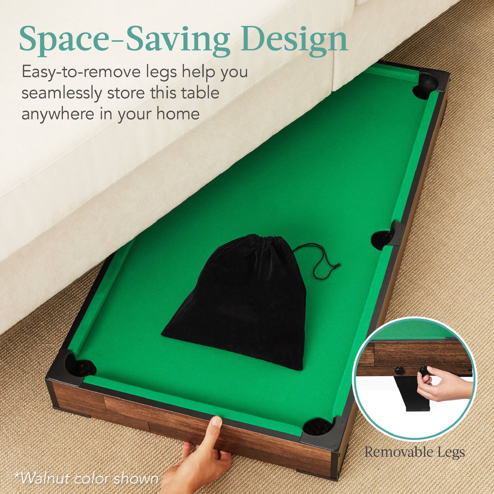 Space-Saving Design

Easy-to-remove legs help you seamlessly store this table anywhere in your home

*Walnut color shown

Removable Legs