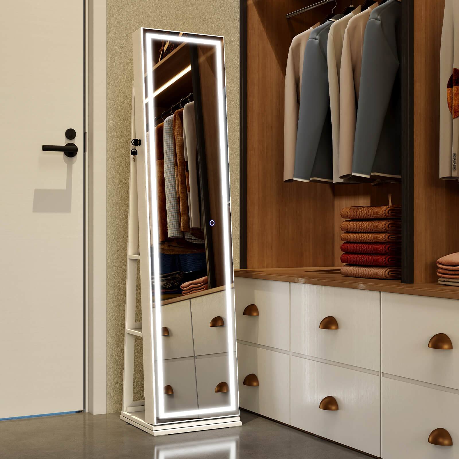 Alt View 3. Costway - Costway 360° Swivel Jewelry Cabinet with Lighted Full Length Mirror & Back Shelves, Lights - White.