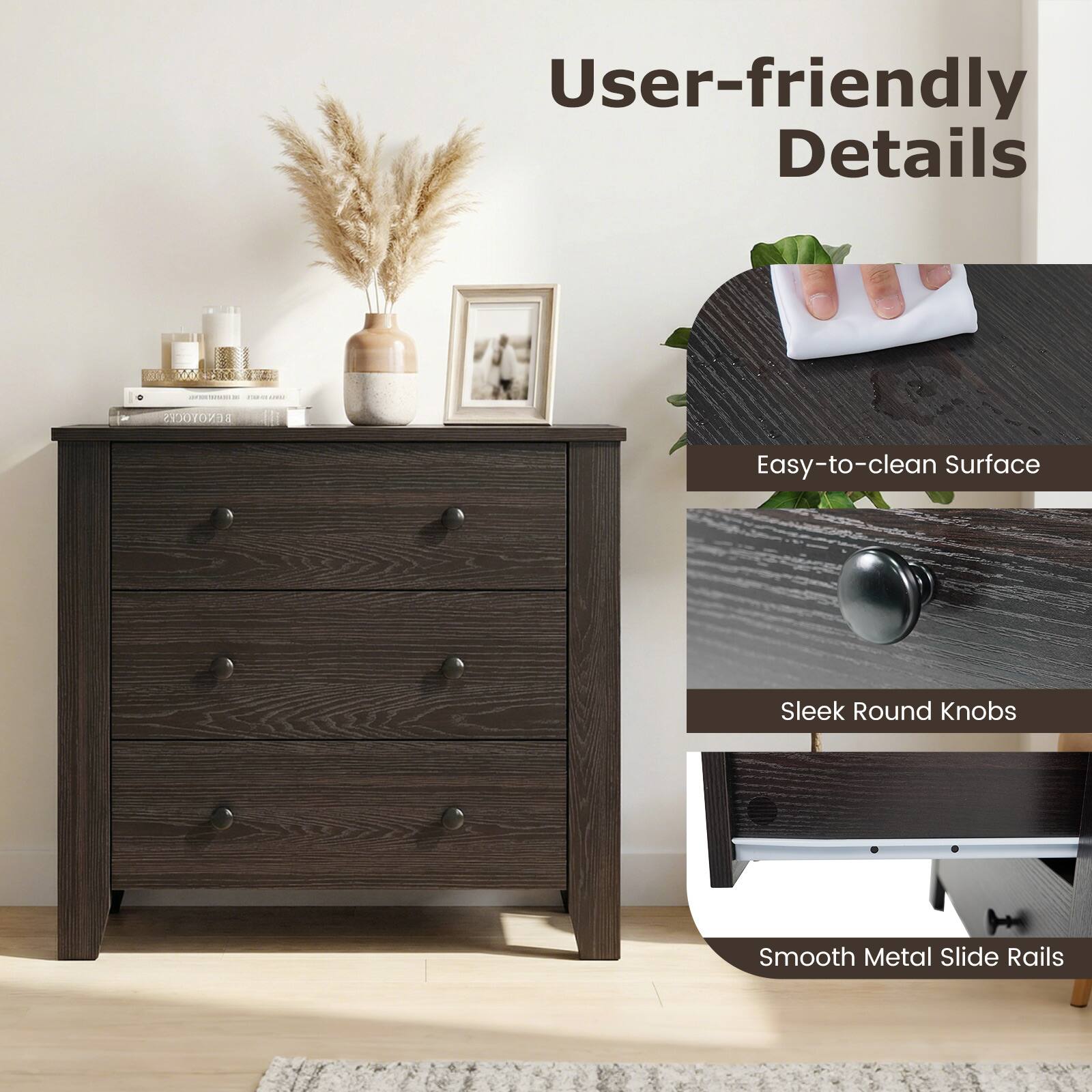 User-friendly Details

- Easy-to-clean Surface
- Sleek Round Knobs
- Smooth Metal Slide Rails
