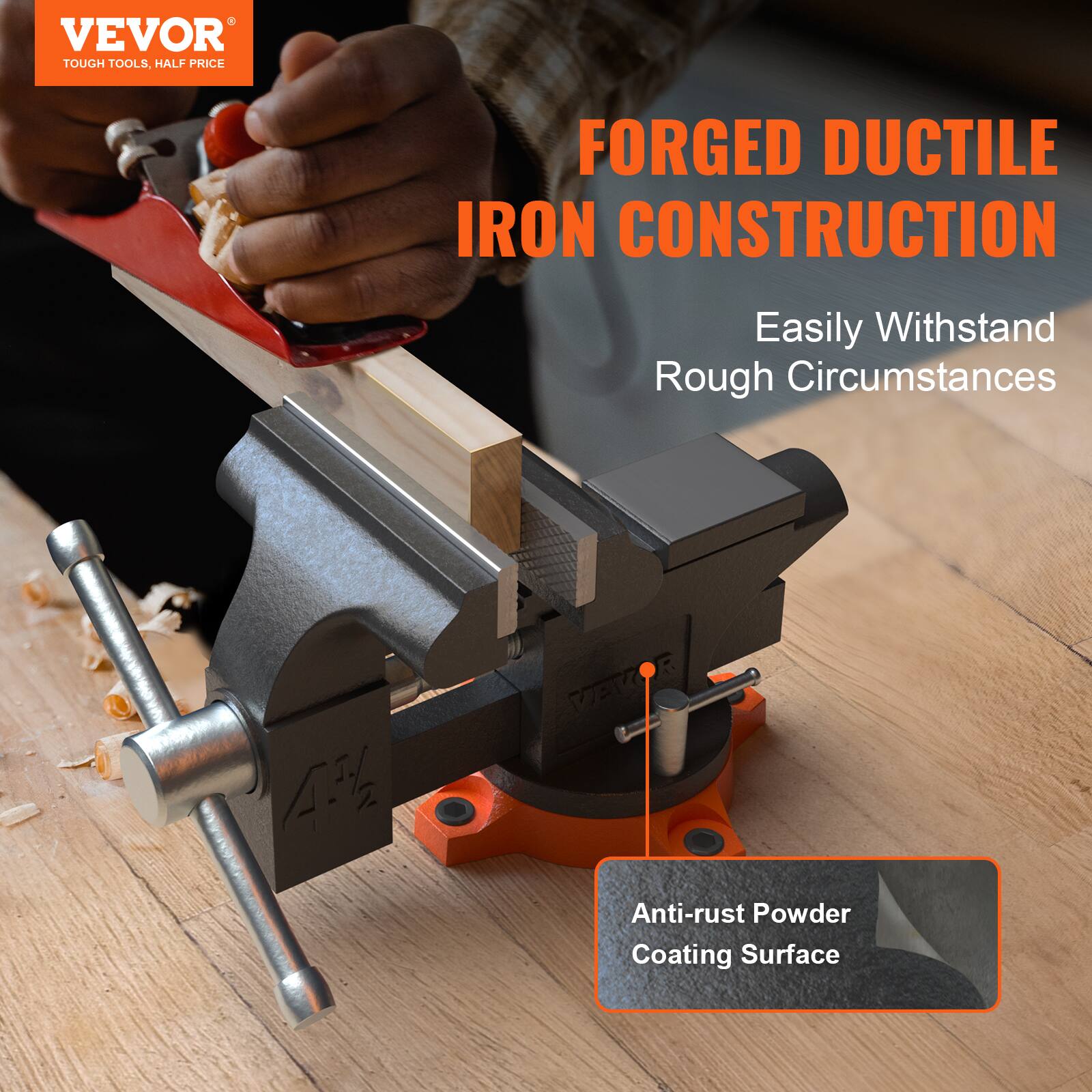 VEVOR  
TOUGH TOOLS, HALF PRICE  

FORGED DUCTILE IRON CONSTRUCTION  
Easily Withstand Rough Circumstances  

Anti-rust Powder Coating Surface