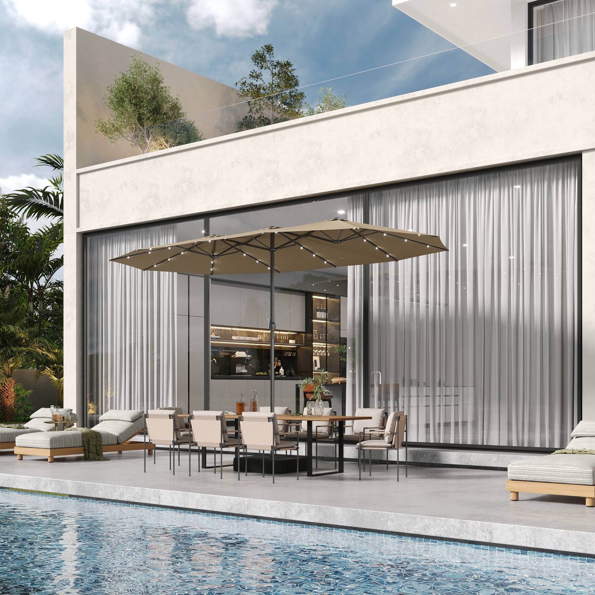 Alt View 5. Famapy - Large Rectangular Outdoor Patio Umbrella with Integrated Edge LED Lights Day-to-Night Shade Multiple Colors - Sand.