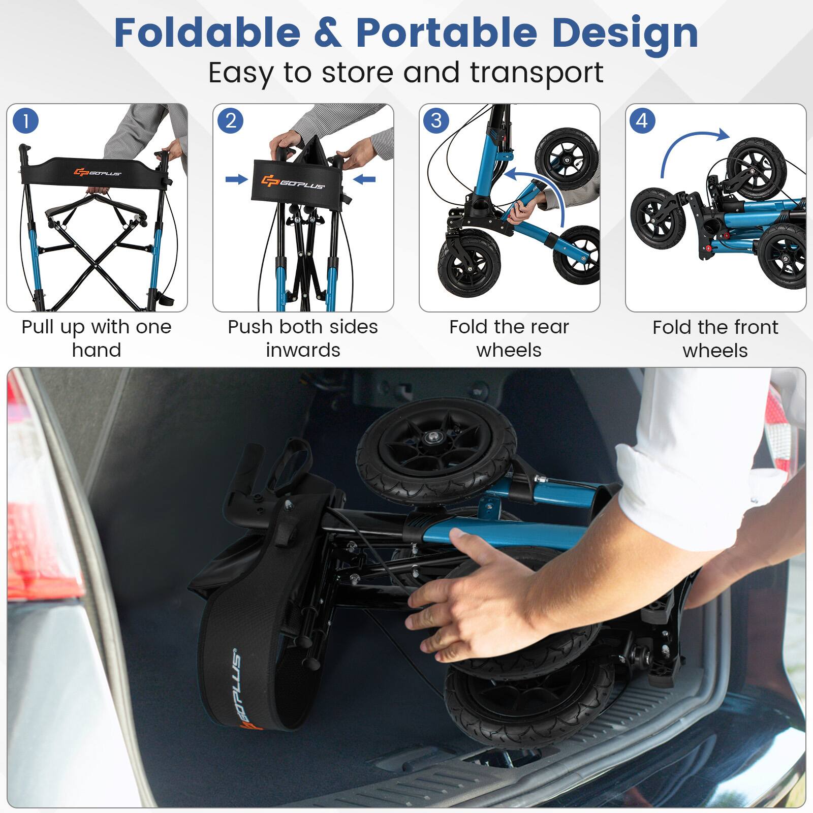 Foldable & Portable Design
Easy to store and transport
1. Pull up with one hand
2. Push both sides inwards
3. Fold the rear wheels
4. Fold the front wheels