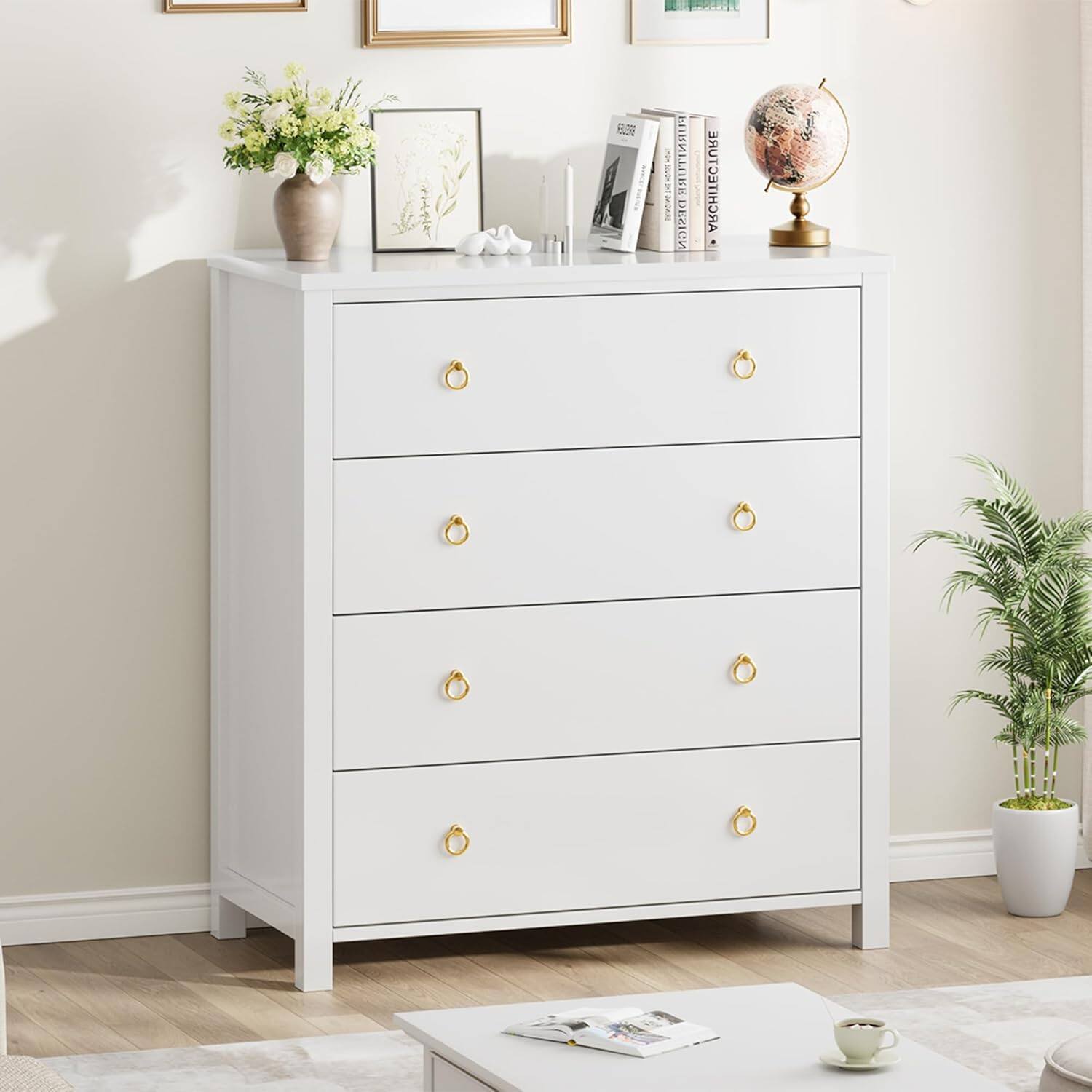 Homhougo - Dresser for Bedroom Chest of Dressers 37 in Tall Dresser for Closet with 4 Drawers Nightstand Large Clothes Storage - White 4 Drawers