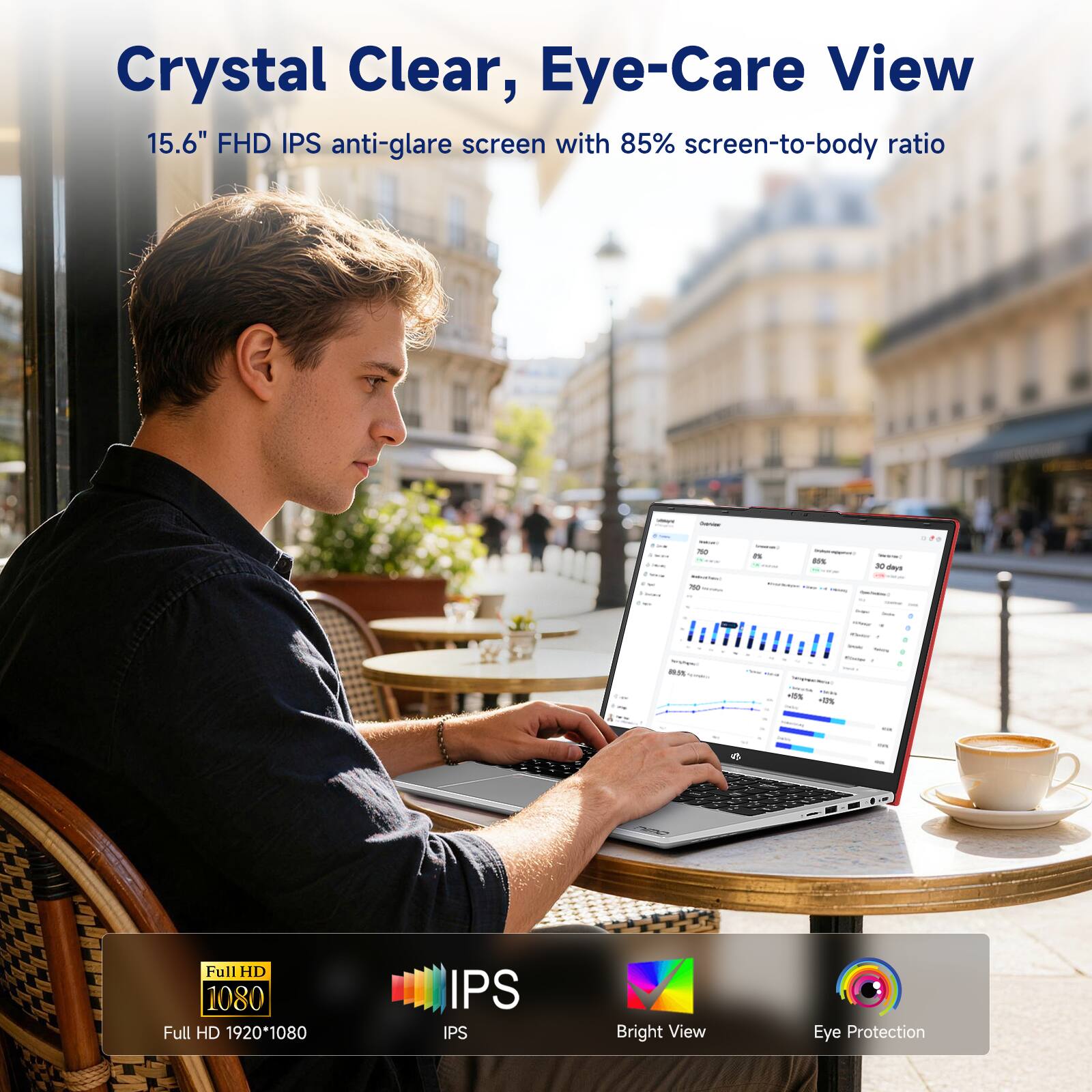 Crystal Clear, Eye-Care View  
15.6" FHD IPS anti-glare screen with 85% screen-to-body ratio  

Volic  
Chander  
Natury 750 10000 - 750 minute  
- 1%  
- Verving 85% days - -  
=  
19.5% Project  
+15%  
AMERA +18%  
Full HD 1080 Full HD 1920*1080  
IPS IPS  
Bright View  
Eye Protection