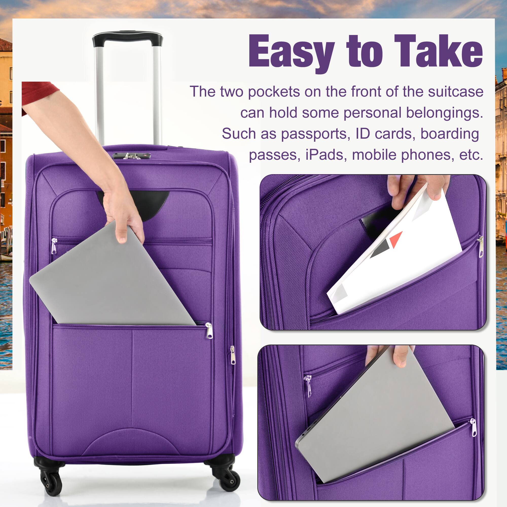 Easy to Take

The two pockets on the front of the suitcase can hold some personal belongings. Such as passports, ID cards, boarding passes, iPads, mobile phones, etc.