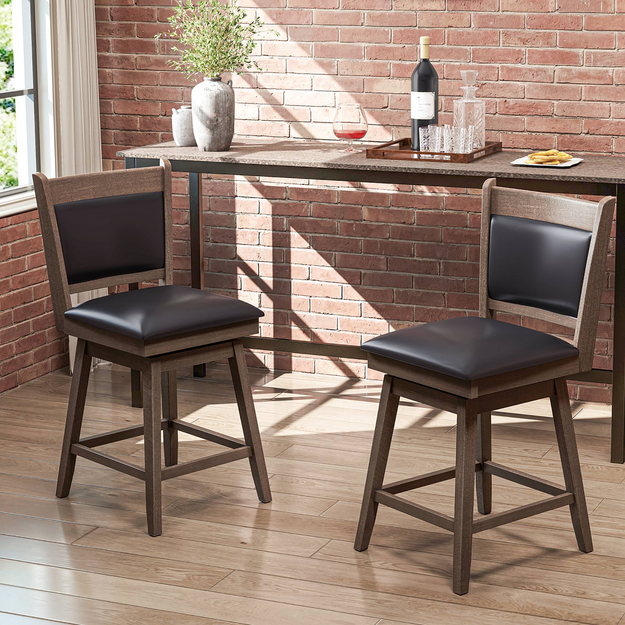 Alt View 3. Gymax - Gymax 25'' Swivel Bar Stools Set of 4 w/ Back Rubber Wood Legs Sturdy Footrest - Black, Light Gray.