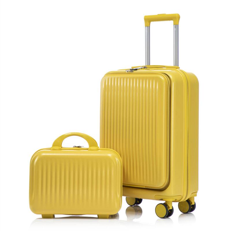 Angle. HTUTWOO - Set of 2 14" Cosmetic Case & 20" Luggage Set with Spinner Wheels - ABS Hardside Suitcase with TSA Lock, Front Opening , - Yellow.