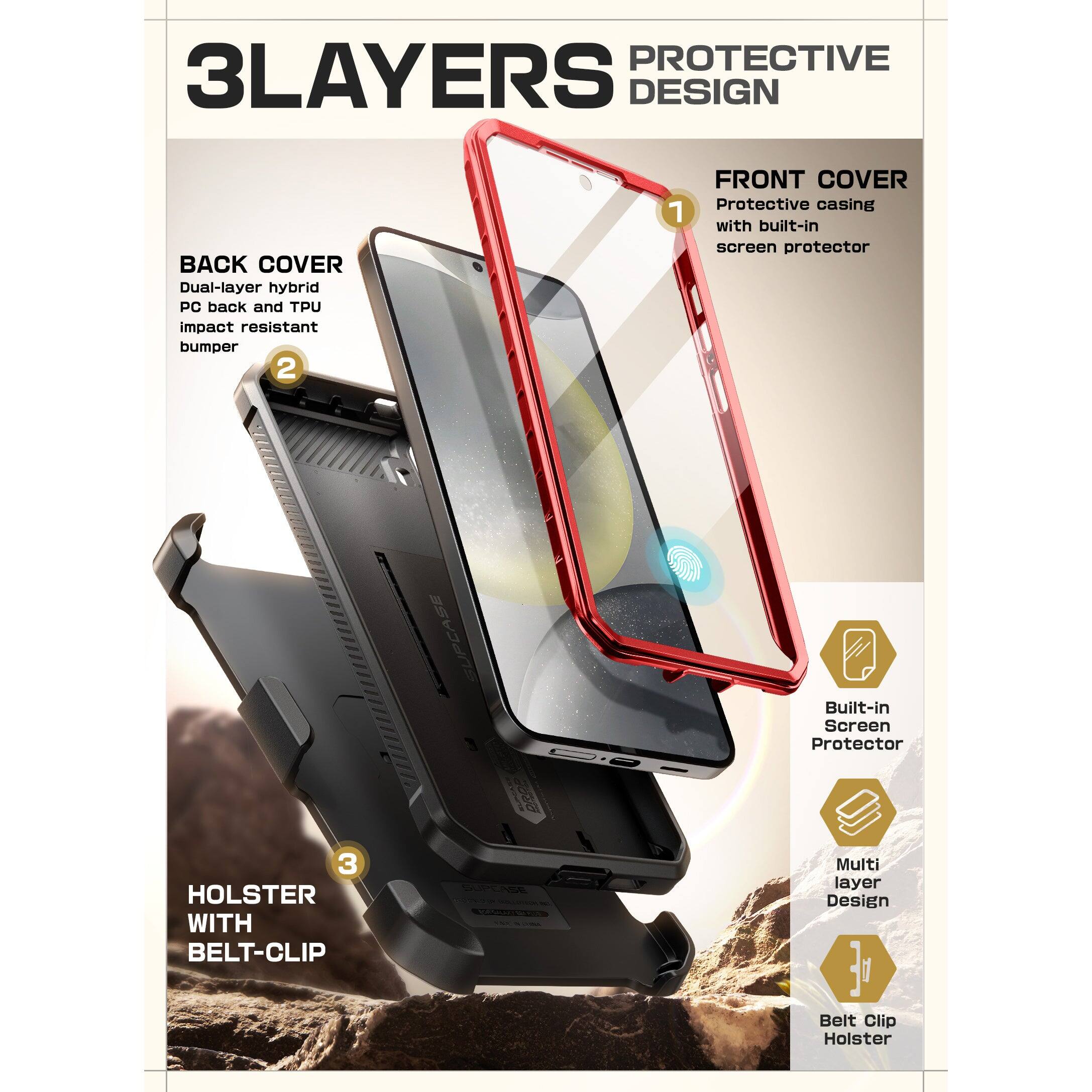 **3LAYERS PROTECTIVE DESIGN**

**BACK COVER**
Dual-layer hybrid PC back and TPU impact resistant bumper

**FRONT COVER**
Protective casing with built-in screen protector

**HOLSTER WITH BELT-CLIP**

- Built-in Screen Protector
- Multi layer Design
- Belt Clip Holster
