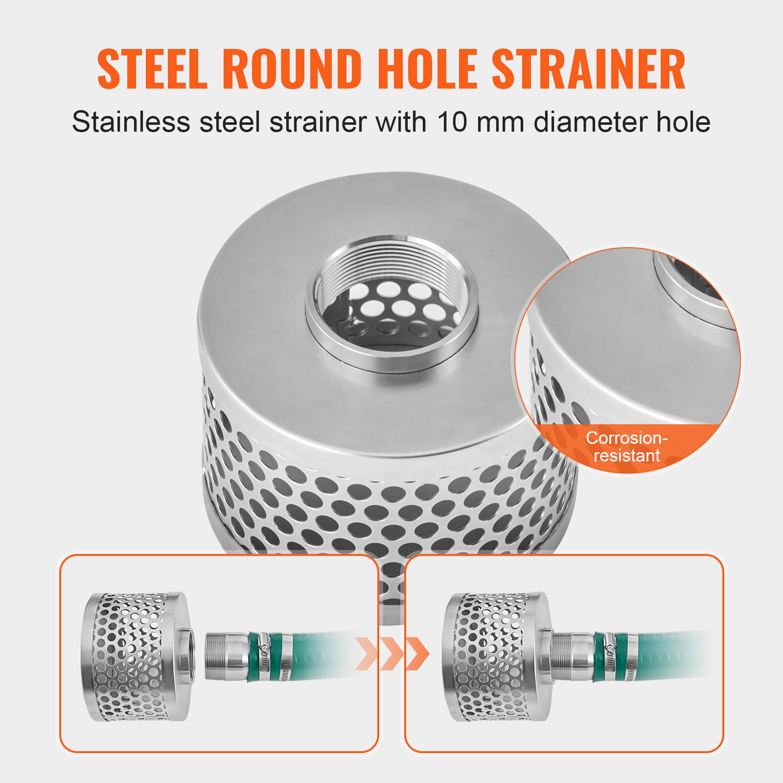 STEEL ROUND HOLE STRAINER  
Stainless steel strainer with 10 mm diameter hole  
Corrosion-resistant