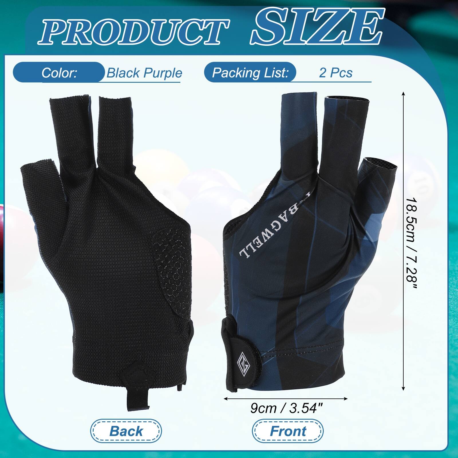 PRODUCT SIZE  
Color: Black Purple  
Packing List: 2 Pcs  

BAGWELL  
18.5cm / 7.28"  
9cm / 3.54"  

Back Front