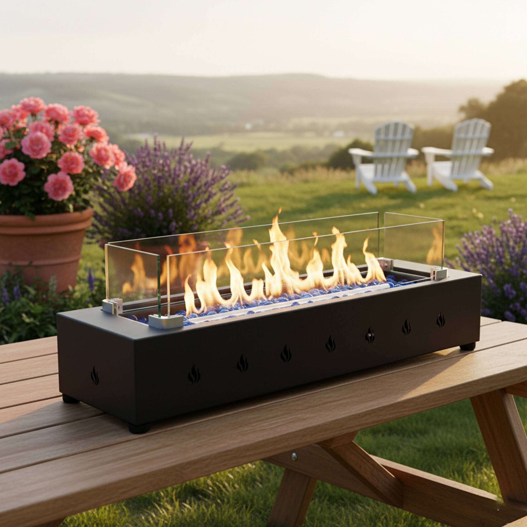 Lirago - 28" Table Top Fire Pit, 40000 BTU Outdoor Propane Fire Pit with Wind Guard, Durable Iron Fire Bowl with Glass Beads - Black