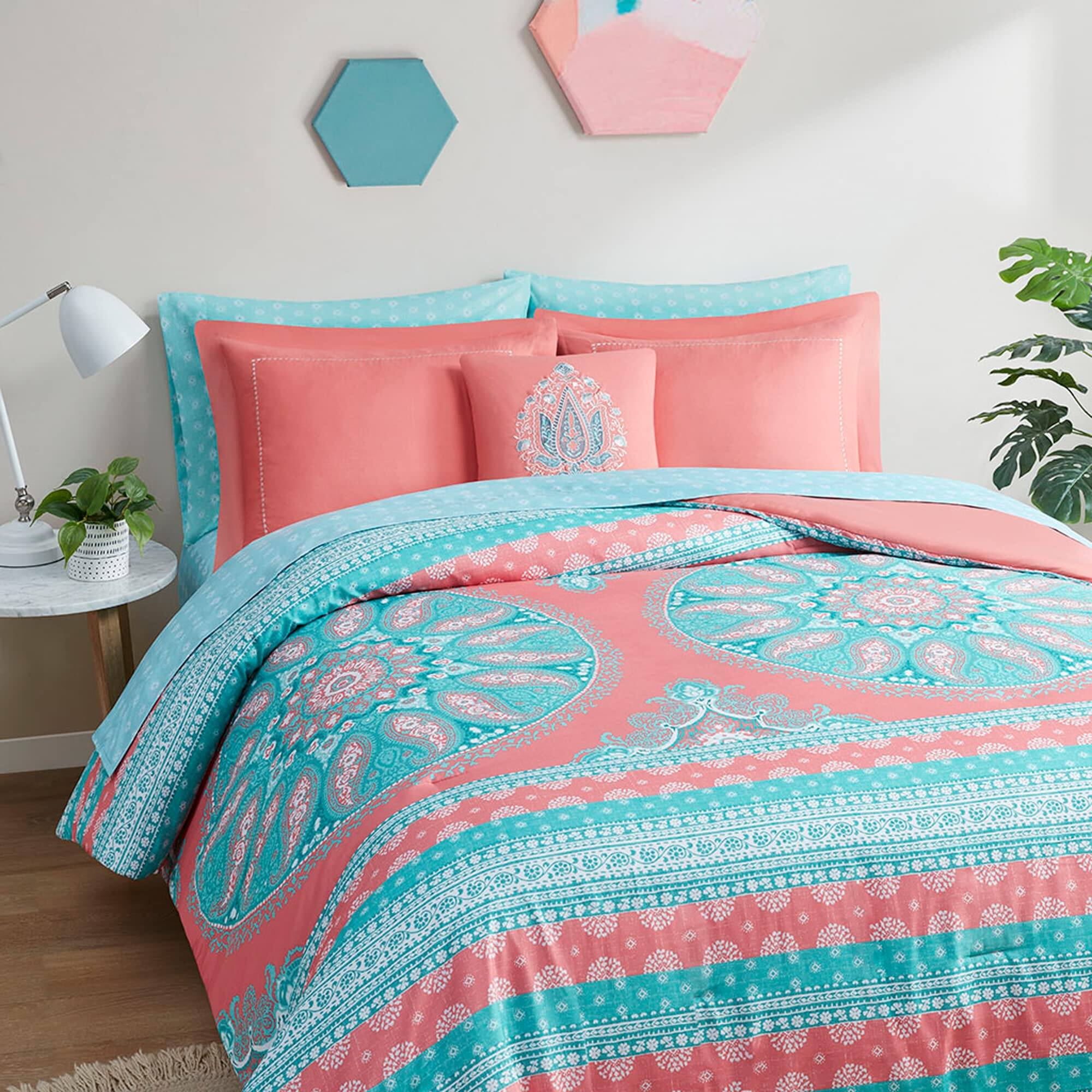Front. PO3TICJUNKI3 - Complete Comforter Sets Boho Mandala Bed In A Bag Microfiber Bedding Set With Side Pockets Matching - Coral-Twin.