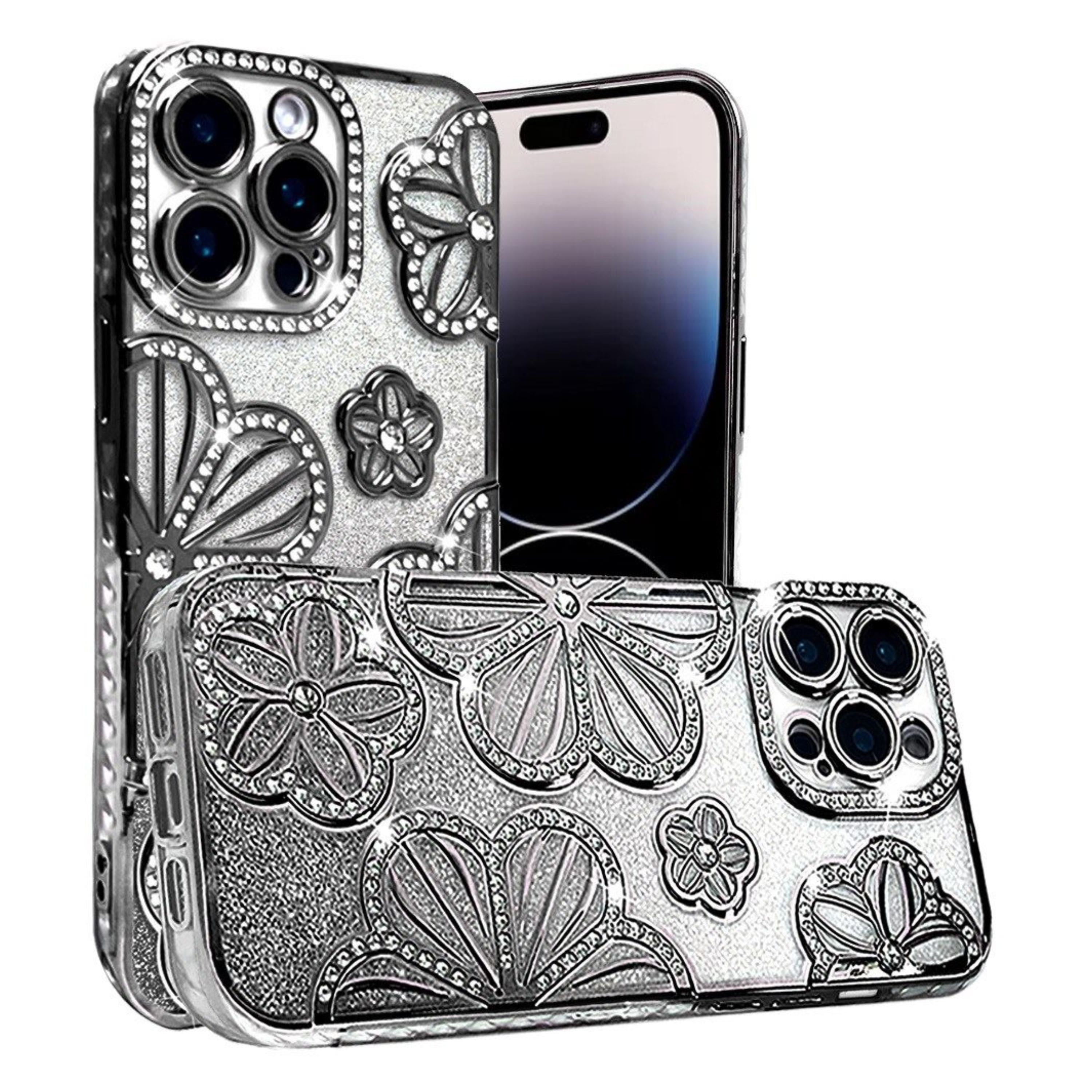 Kitcheniva - 3D Glitter Floral Rhinestone Phone Case For iPhone 14 Pro Max - Black
