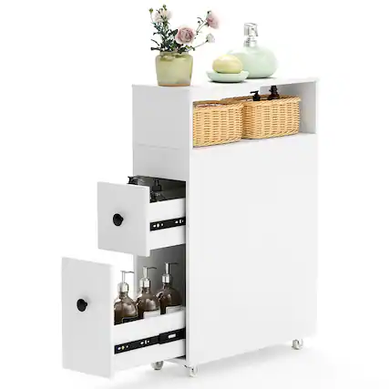 Front. Costway - Costway Movable Bathroom Storage Cabinet Narrow Toilet Side Paper Holder w/ 2 Drawers - White.