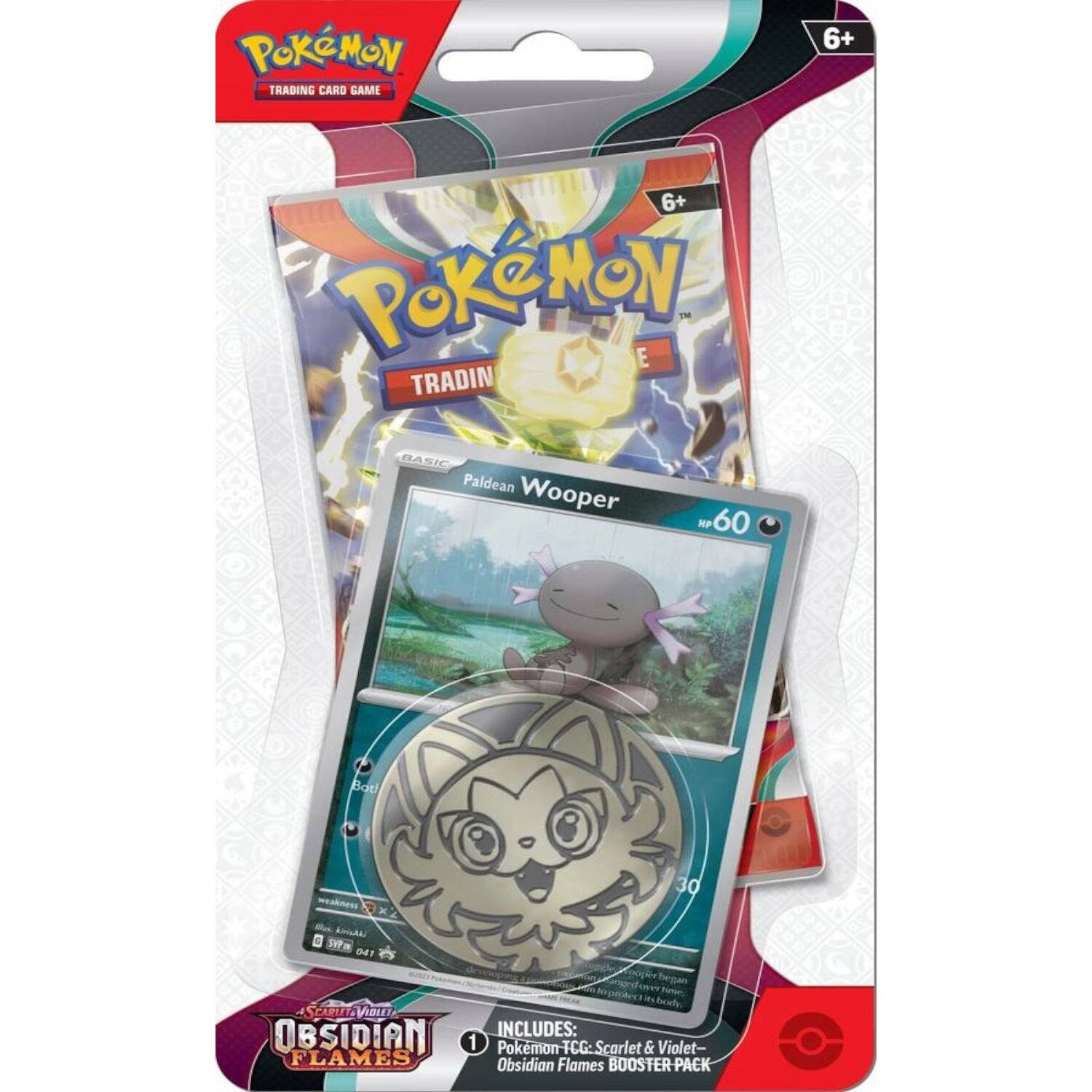 POKEMON TRADING CARD GAME 6+  
POKEMON E - TRADING CARD GAME  
Paldean Wooper  
60 HP  
BASIC  
30  
BODY  
SPARTFT VINLLL  
OBSIDIAN  
INCLUDES: 1 Pokemon-TCG: Scarlet & Violet - FLAMES Obsidian Flames BOOSTER PACK