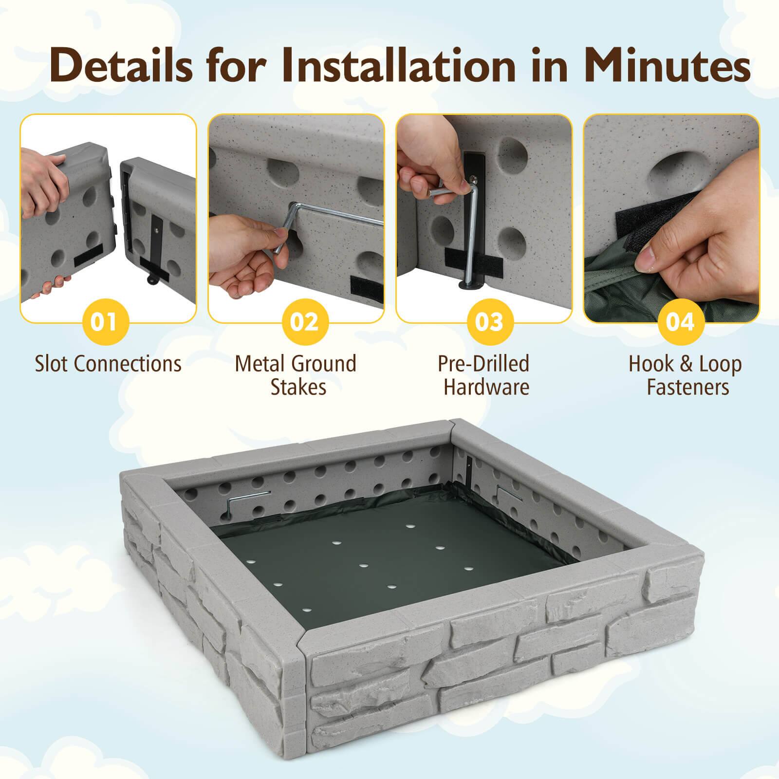 Details for Installation in Minutes

01 Slot Connections

02 Metal Ground Stakes

03 Pre-Drilled Hardware

04 Hook & Loop Fasteners