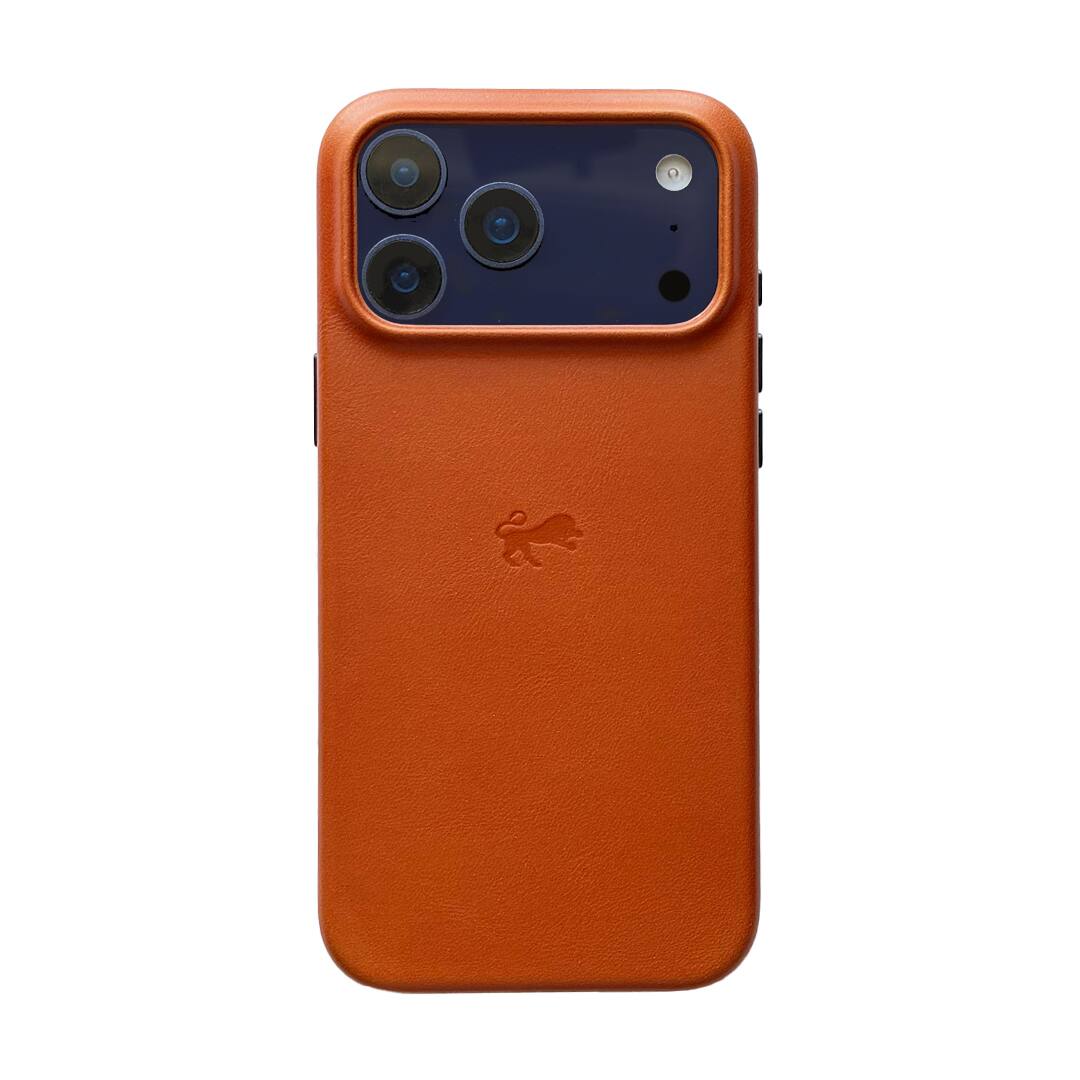 Left. LUMAZI - Full Grain Leather MagSafe iPhone 17 Pro Case - Autumn Sienna.