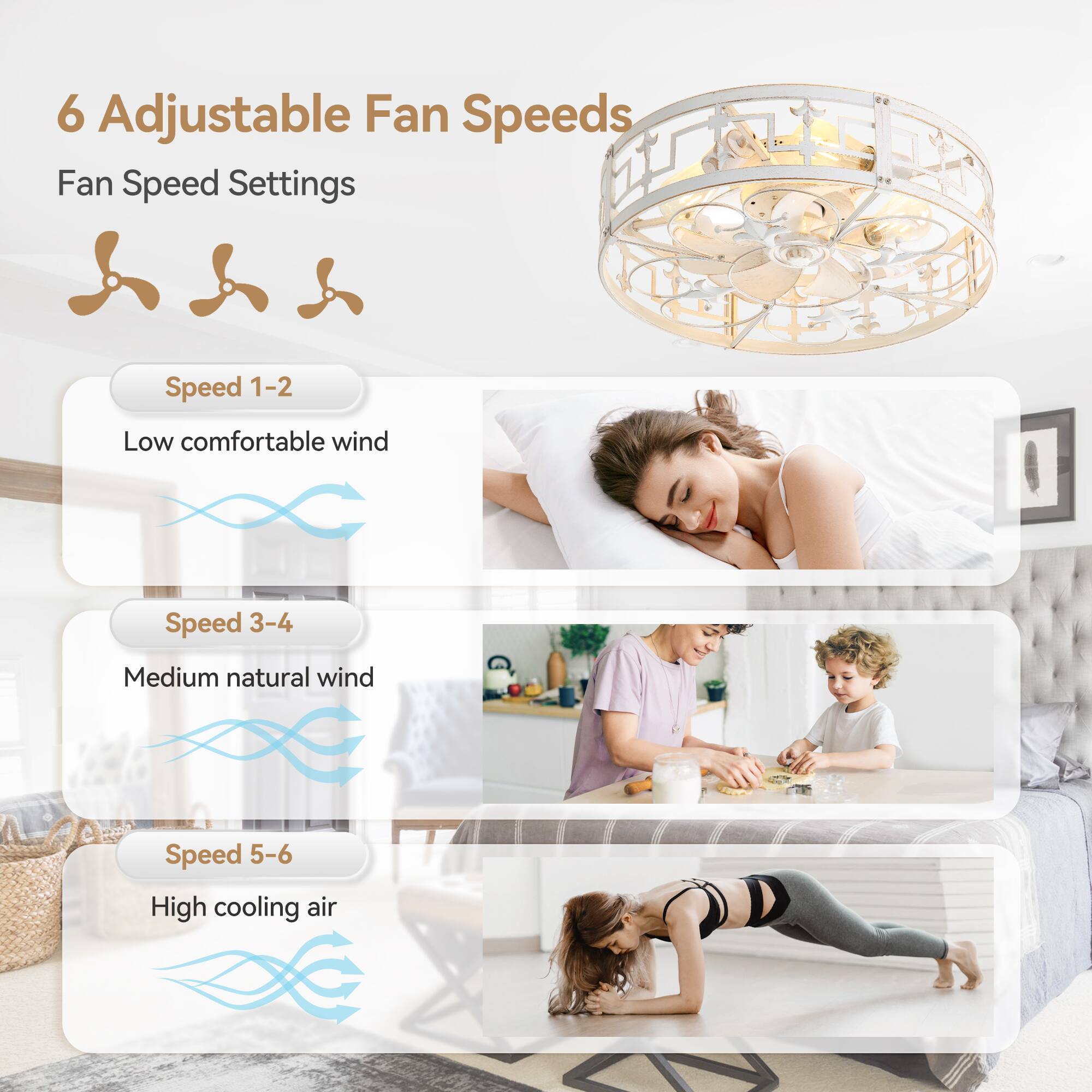 6 Adjustable Fan Speeds
Fan Speed Settings
Speed 1-2 Low comfortable wind
Speed 3-4 Medium natural wind
Speed 5-6 High cooling air